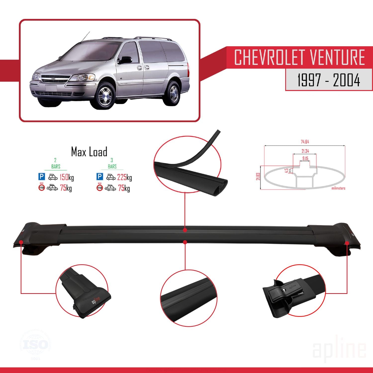 Compatible avec Chevrolet Venture 1997-2004 FLY Model Barres de Toit Railing Porte-Bagages de Voiture Noir Aluminium 4 Barres