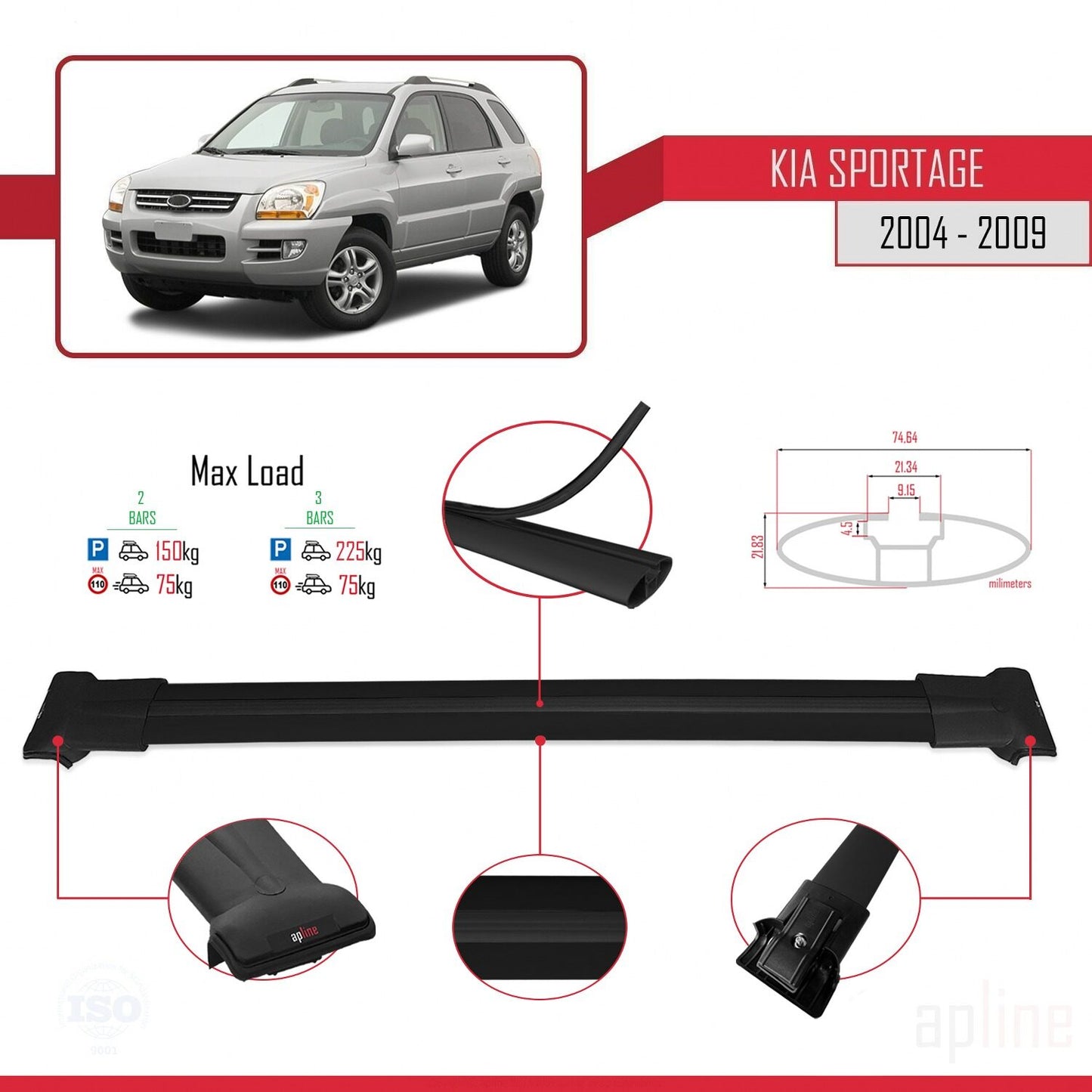 Kompatibel mit Kia Sportage 2 (JE) 2004-2009 FLY Model Relingträger Dachträger Auto Gepäckträger Schwarz Aluminium 2 Stangen