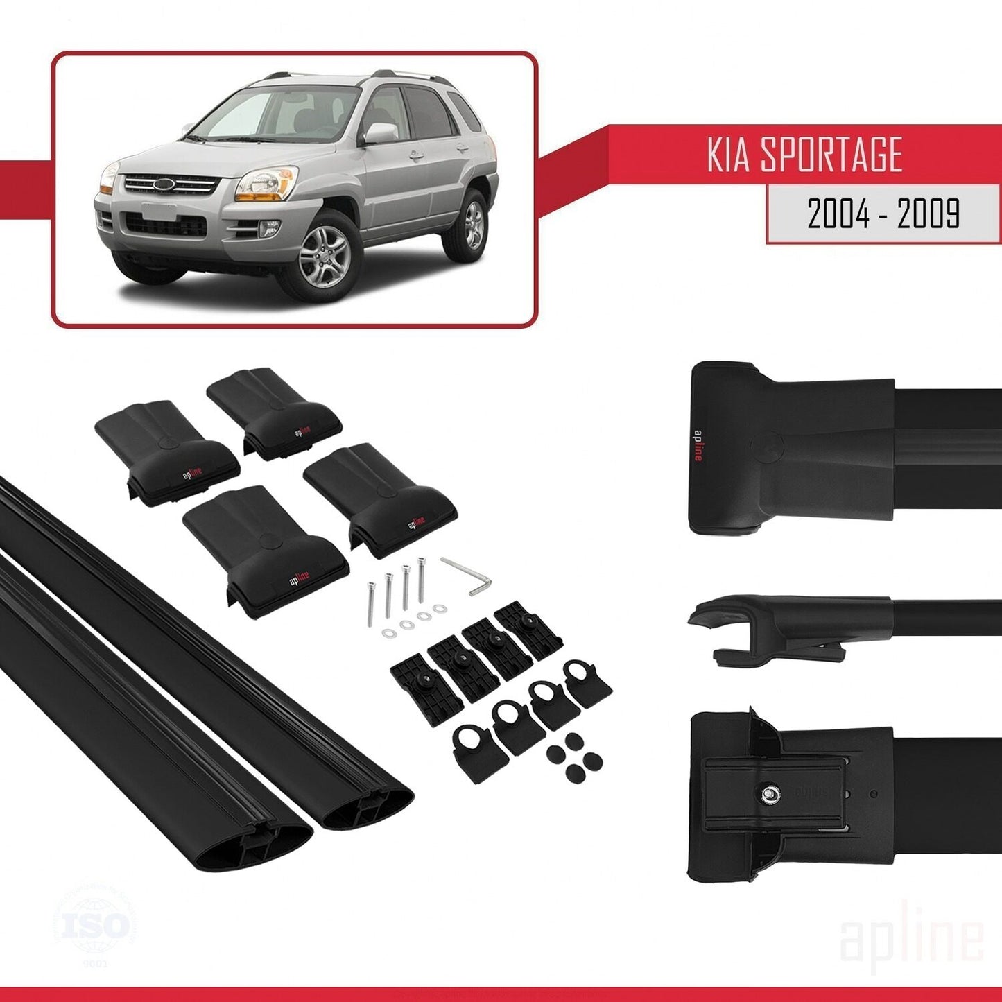 Kompatibel mit Kia Sportage 2 (JE) 2004-2009 FLY Model Relingträger Dachträger Auto Gepäckträger Schwarz Aluminium 2 Stangen