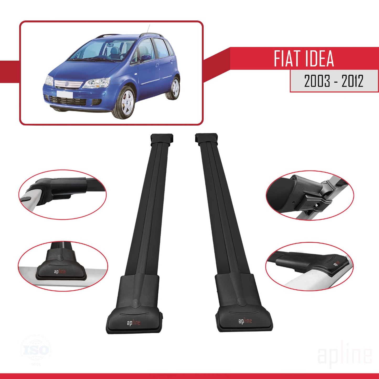 Compatible avec Fiat Idea 2003-2012 FLY Model Barres de Toit Railing Porte-Bagages de Voiture Noir Aluminium 2 Barres