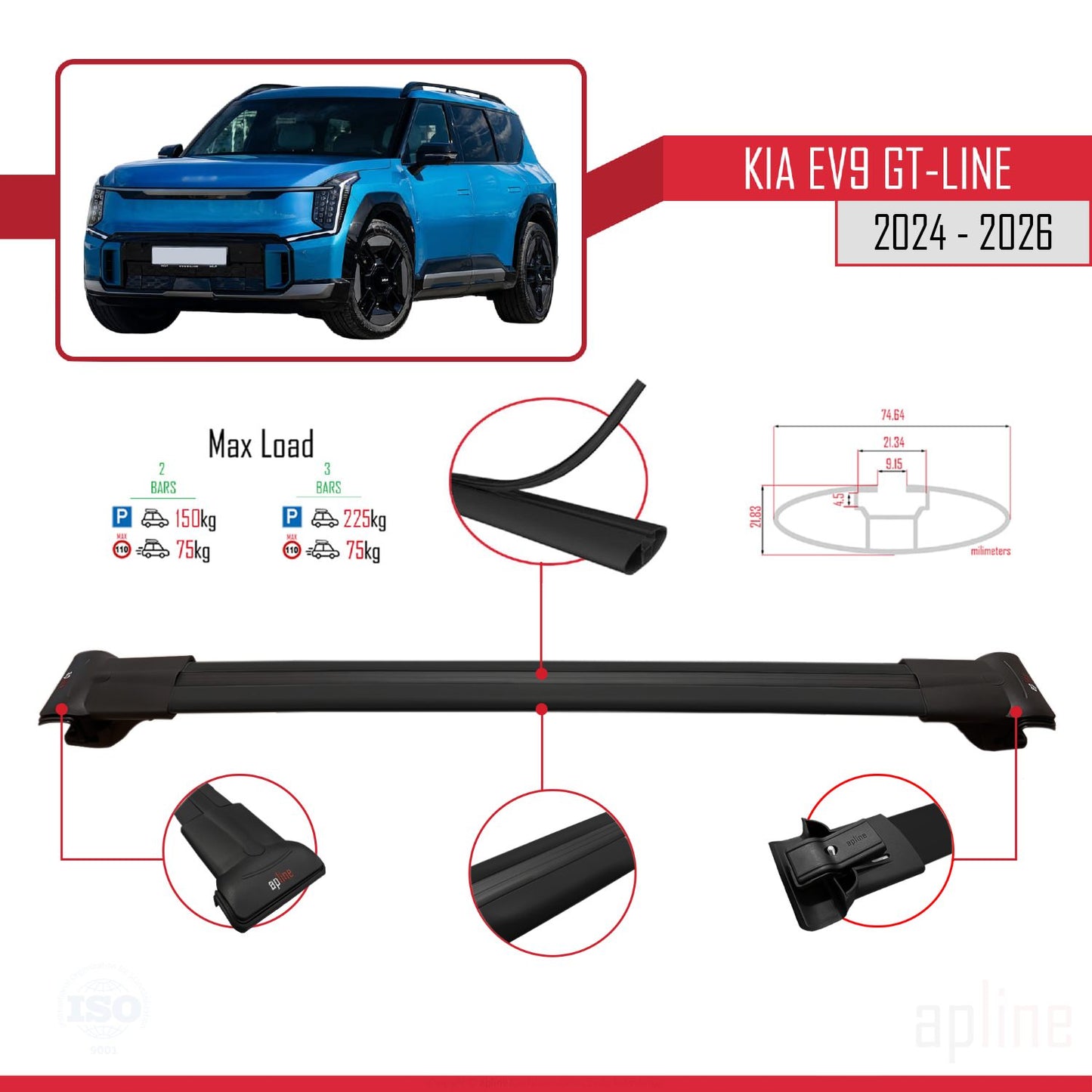 Compatible avec KIA EV9 GT-LINE 2024-2025 FLY Model Barres de Toit Railing Porte-Bagages de Voiture Noir Aluminium 2 Barres