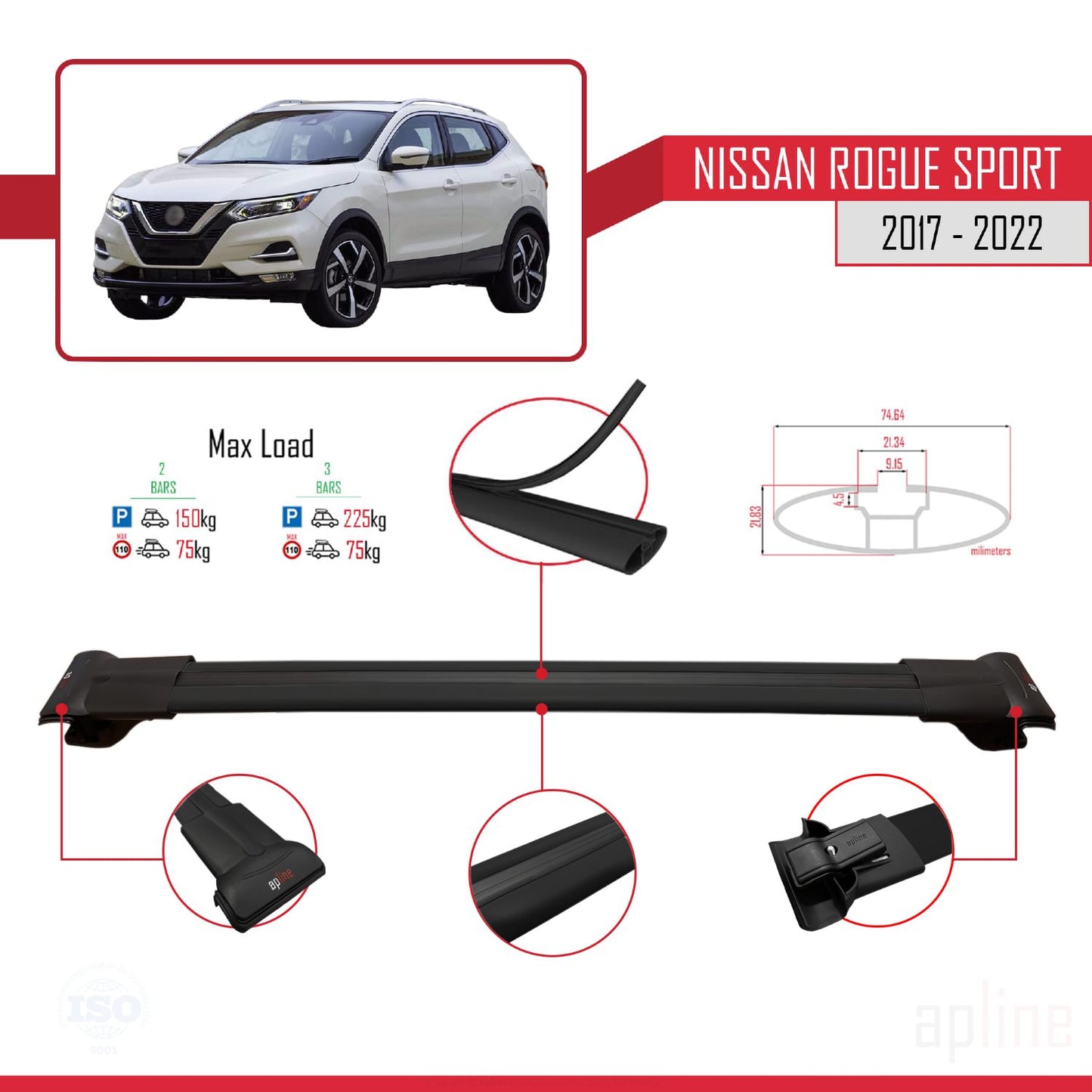 Compatible avec Nissan Rogue Sport 2017-2022 FLY Model Barres de Toit Railing Porte-Bagages de Voiture Noir Aluminium 2 Barres