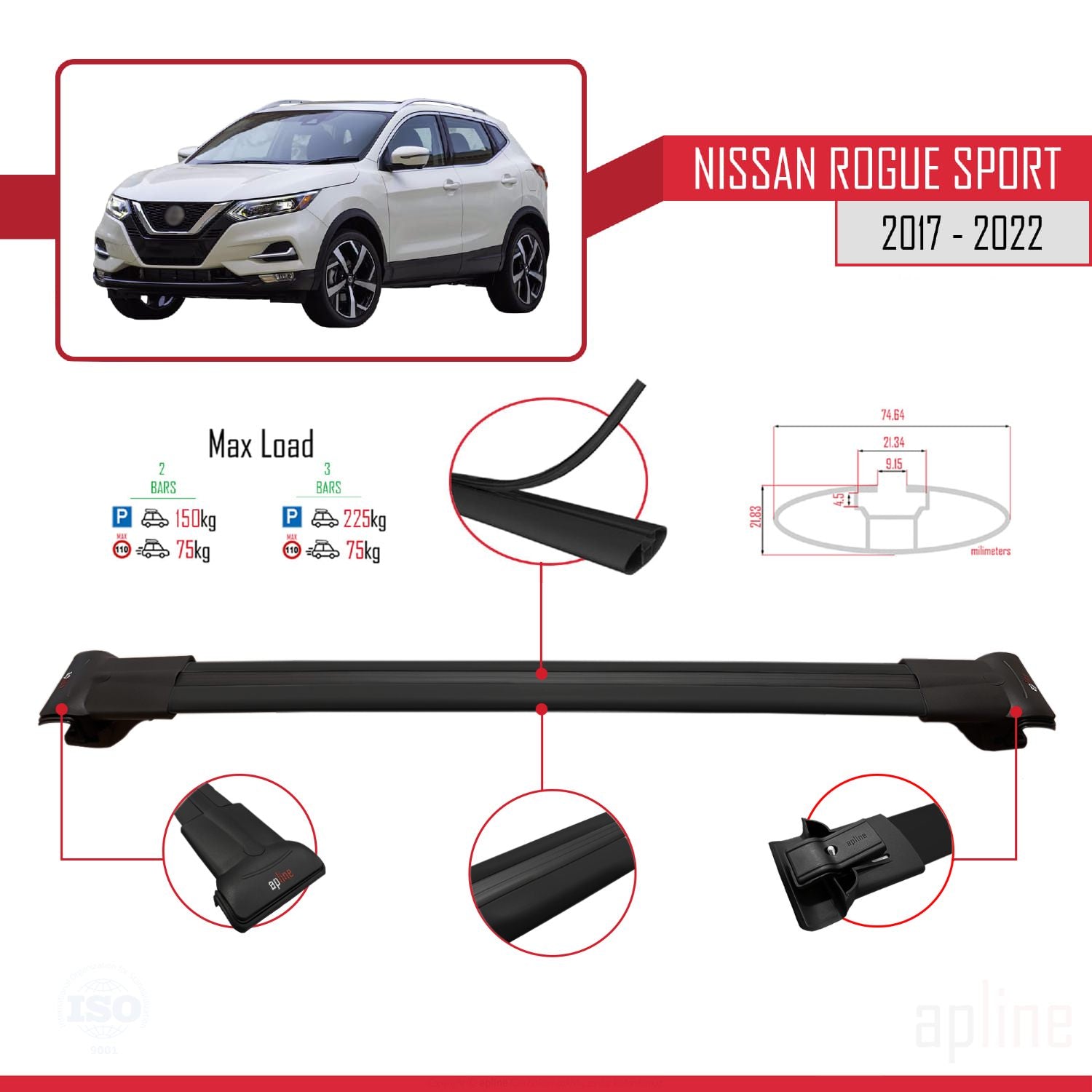 Compatible avec Nissan Rogue Sport 2017-2022 FLY Model Barres de Toit Railing Porte-Bagages de Voiture Noir Aluminium 2 Barres