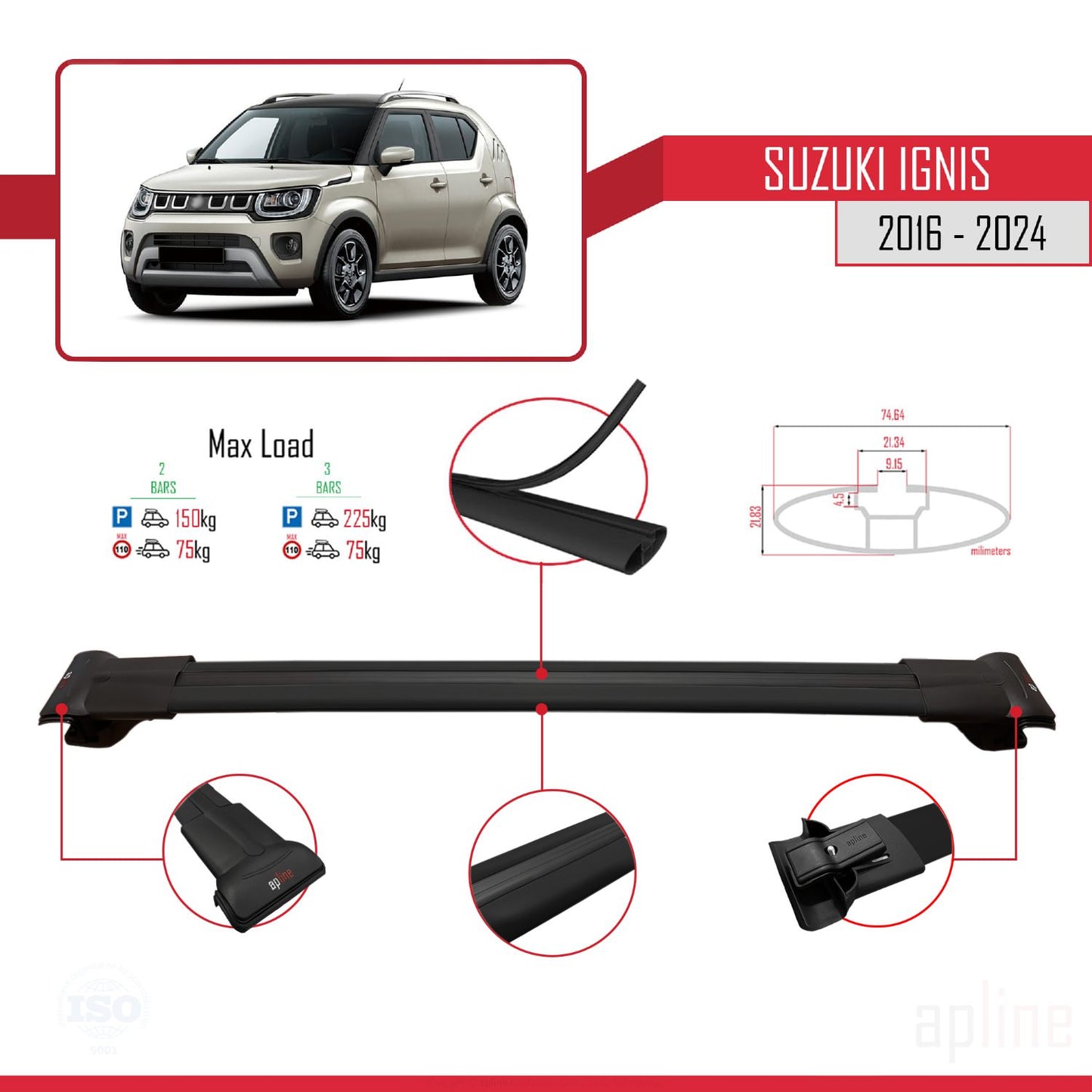 Compatible avec Suzuki Ignis 2016-2024 FLY Model Barres de Toit Railing Porte-Bagages de Voiture Noir Aluminium 3 Barres