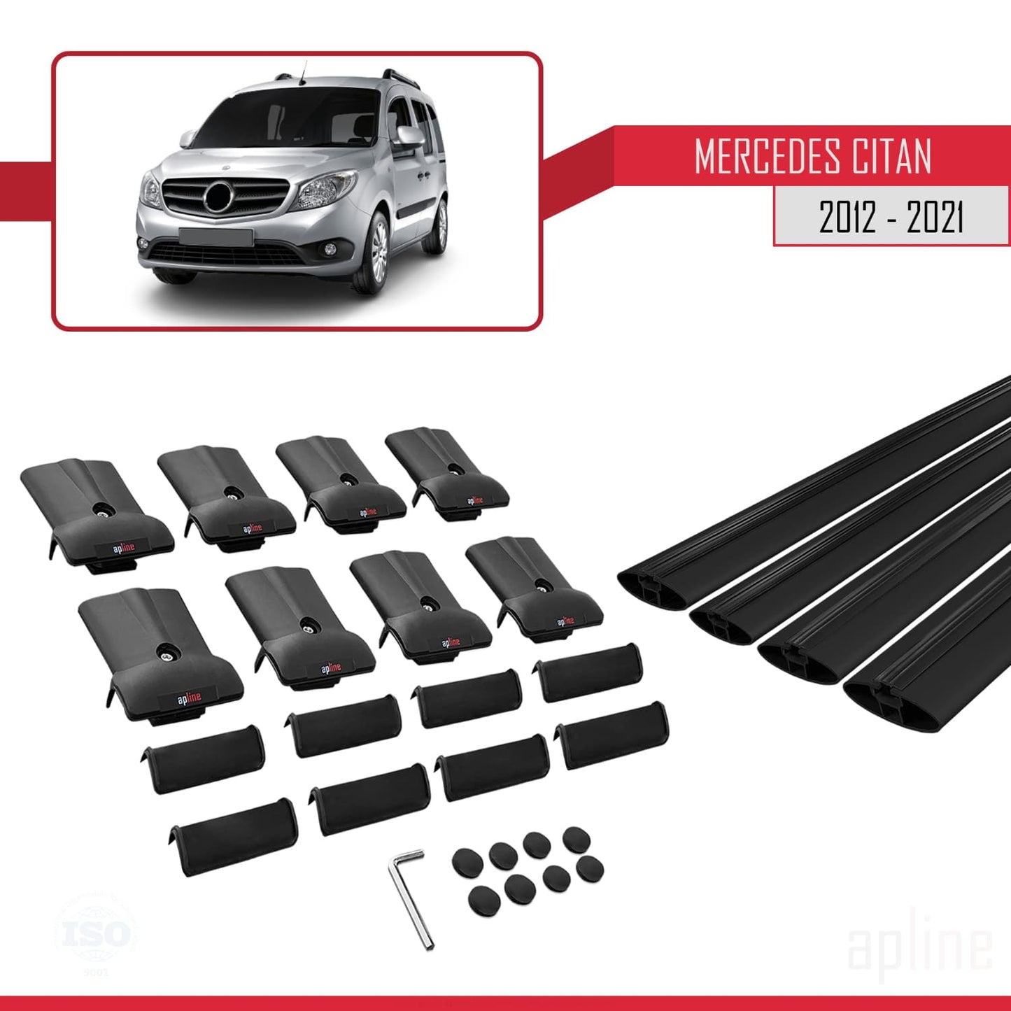 Compatible avec Mercedes Citan (W415) 2012-2021 FLY Model Barres de Toit Railing Porte-Bagages de Voiture Noir Aluminium 4 Barres