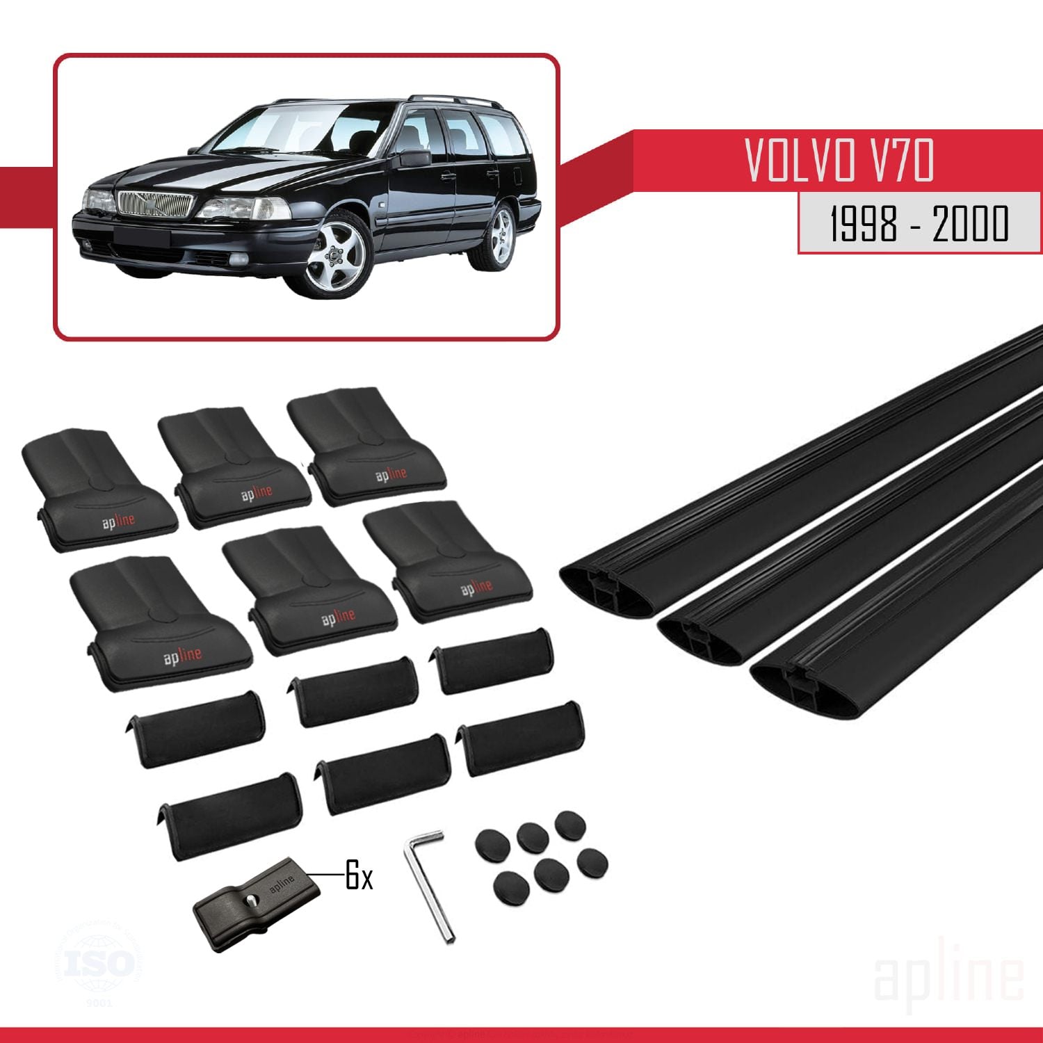 Compatible avec Volvo V70 1998-2000 FLY Model Barres de Toit Railing Porte-Bagages de Voiture Noir Aluminium 3 Barres