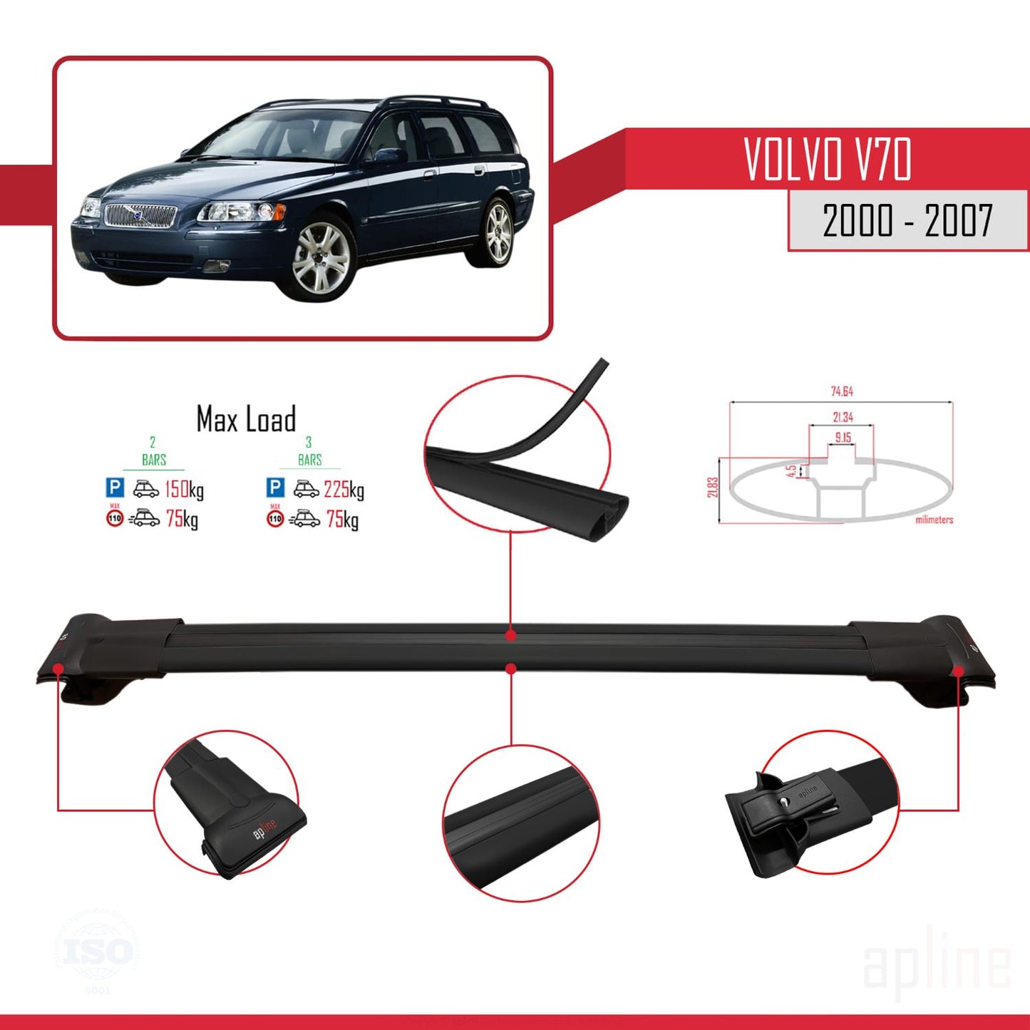 Compatible avec Volvo V70 2000-2007 FLY Model Barres de Toit Railing Porte-Bagages de Voiture Noir Aluminium 2 Barres
