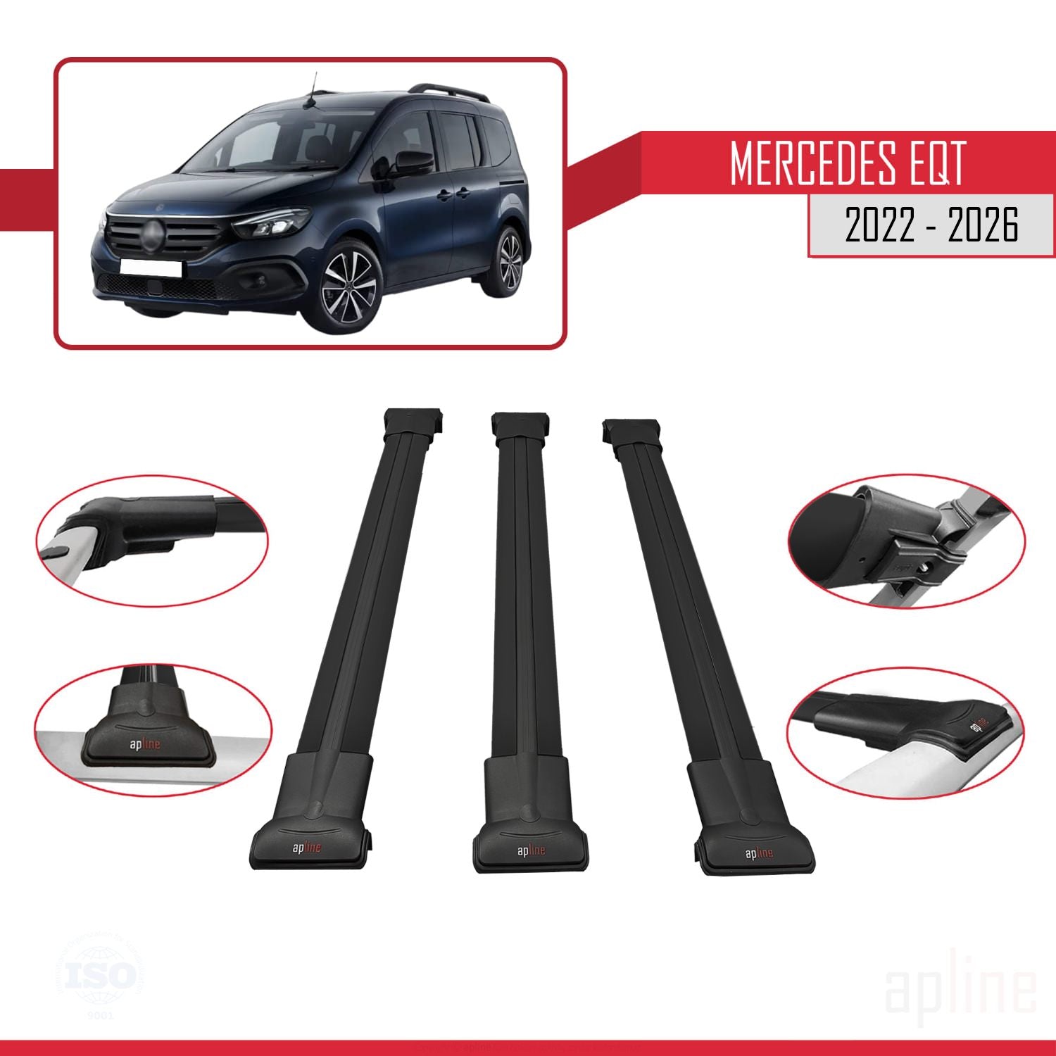Compatible avec Mercedes EQT / Citan W420 2022-2025 FLY Model Barres de Toit Railing Porte-Bagages de Voiture Noir Aluminium 3 Barres