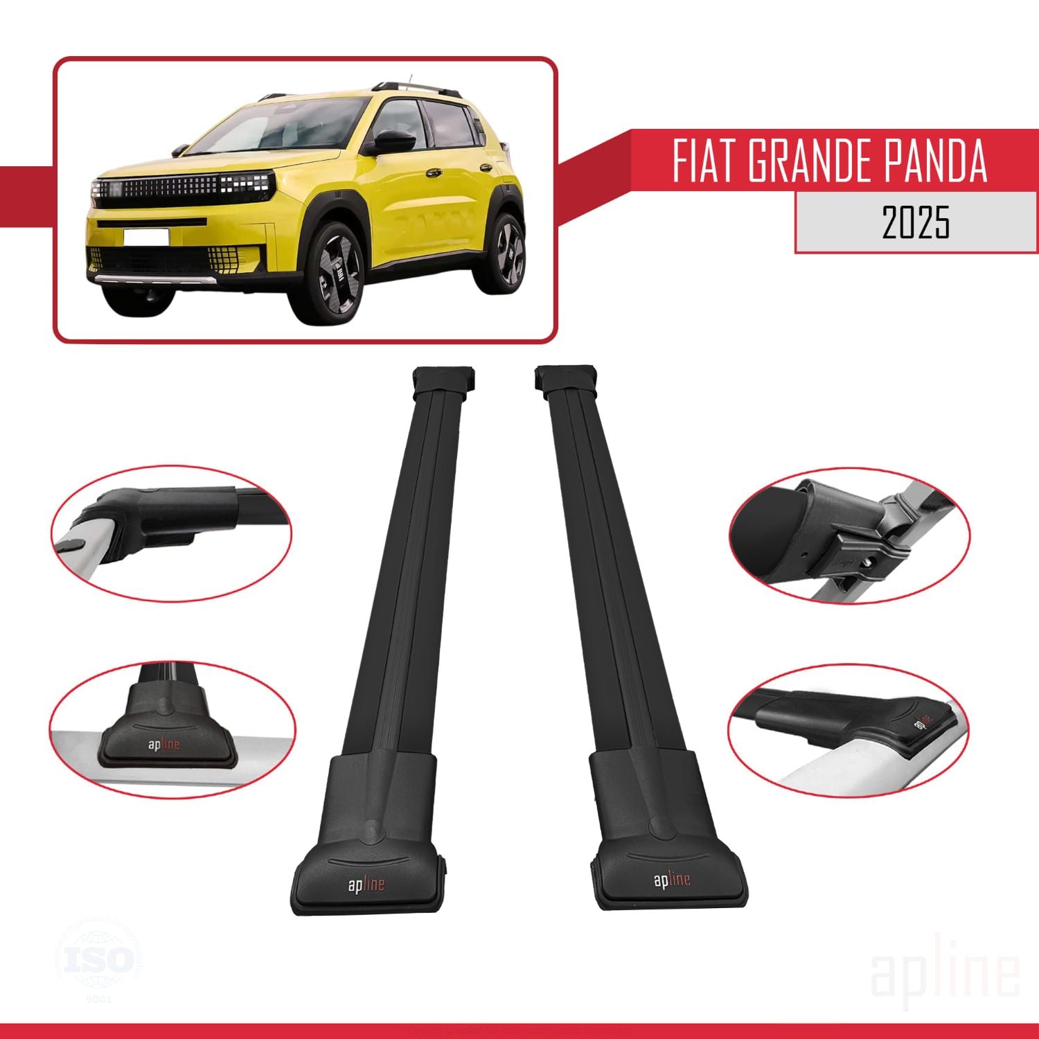 Compatible avec Fiat Grande Panda 2025-2025 FLY Model Barres de Toit Railing Porte-Bagages de Voiture Noir Aluminium 2 Barres