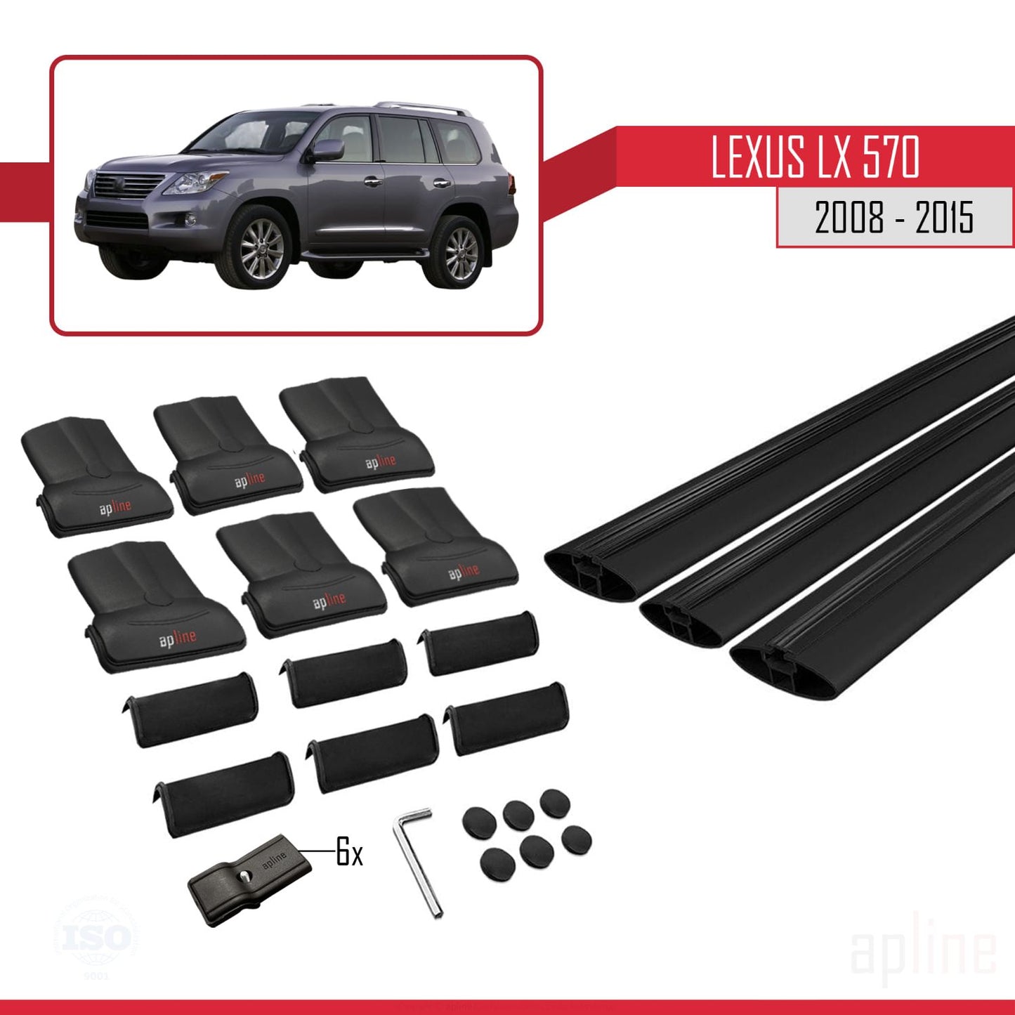Compatible avec Lexus LX 570 2008-2015 FLY Model Barres de Toit Railing Porte-Bagages de Voiture Noir Aluminium 3 Barres
