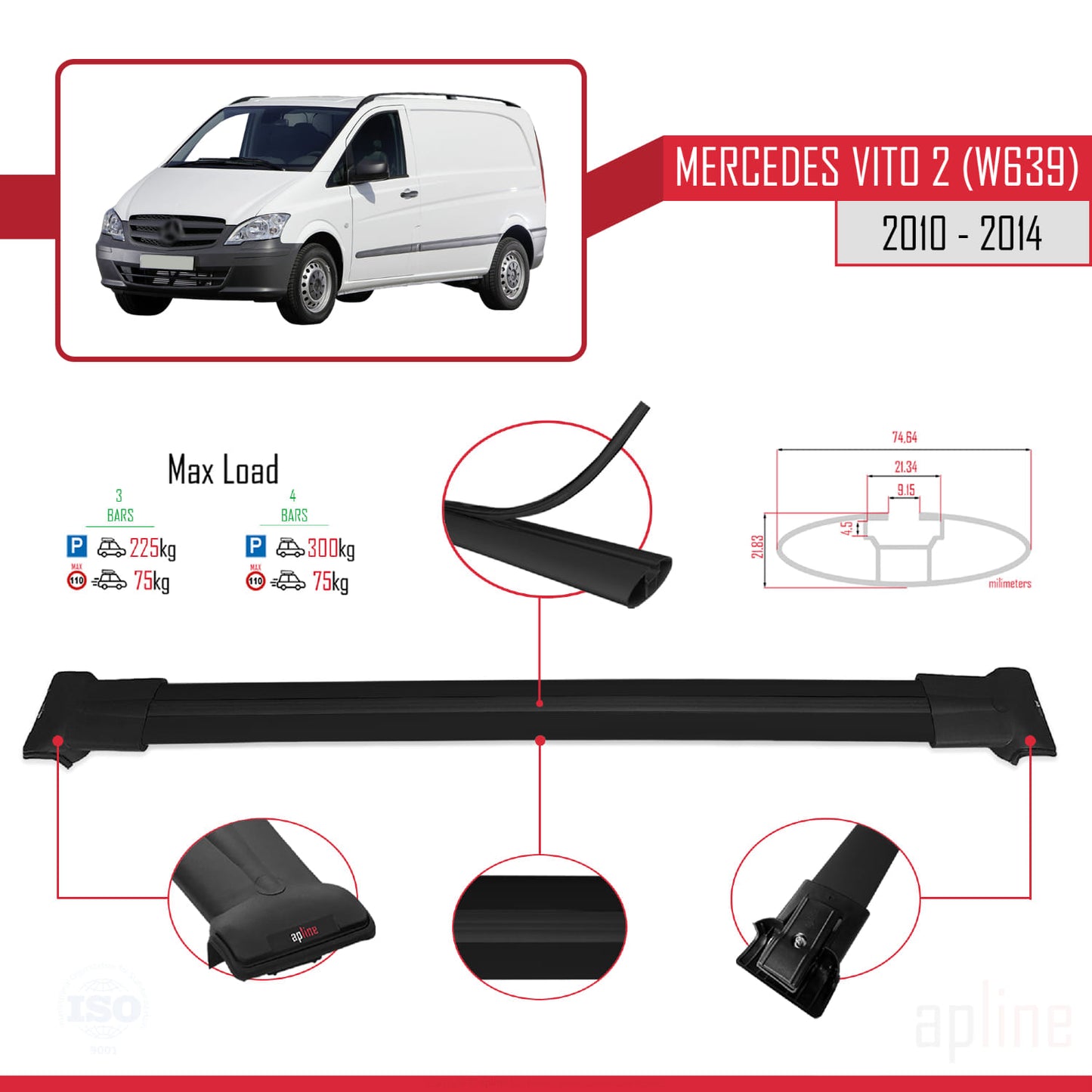 Compatible with Mercedes Vito 2 (W639) Post-Facelift 2010-2014 FLY Model Car Roof Rack Cross Bar Black Aluminium 3 Bars