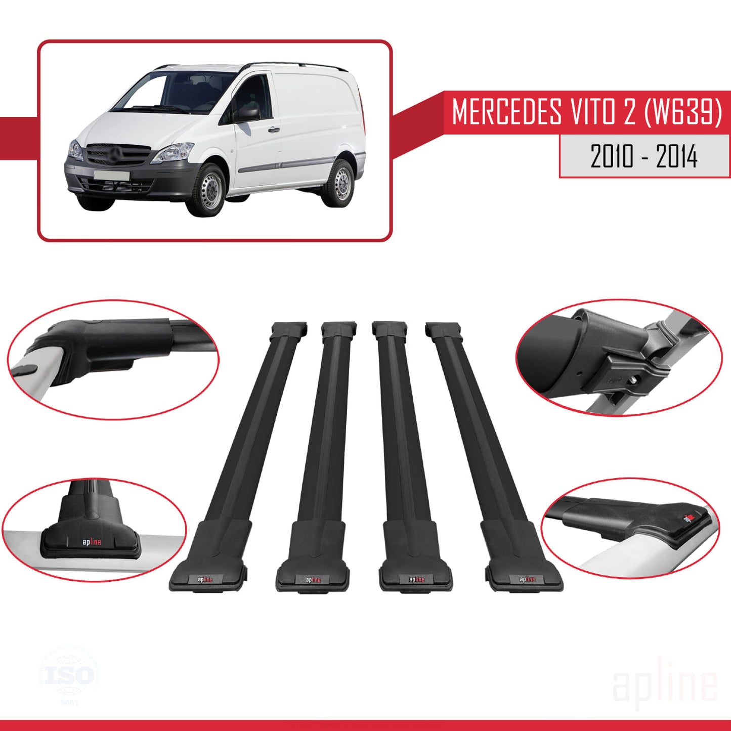 Compatible with Mercedes Vito 2 (W639) Post-Facelift 2010-2014 FLY Model Car Roof Rack Cross Bar Black Aluminium 4 Bars