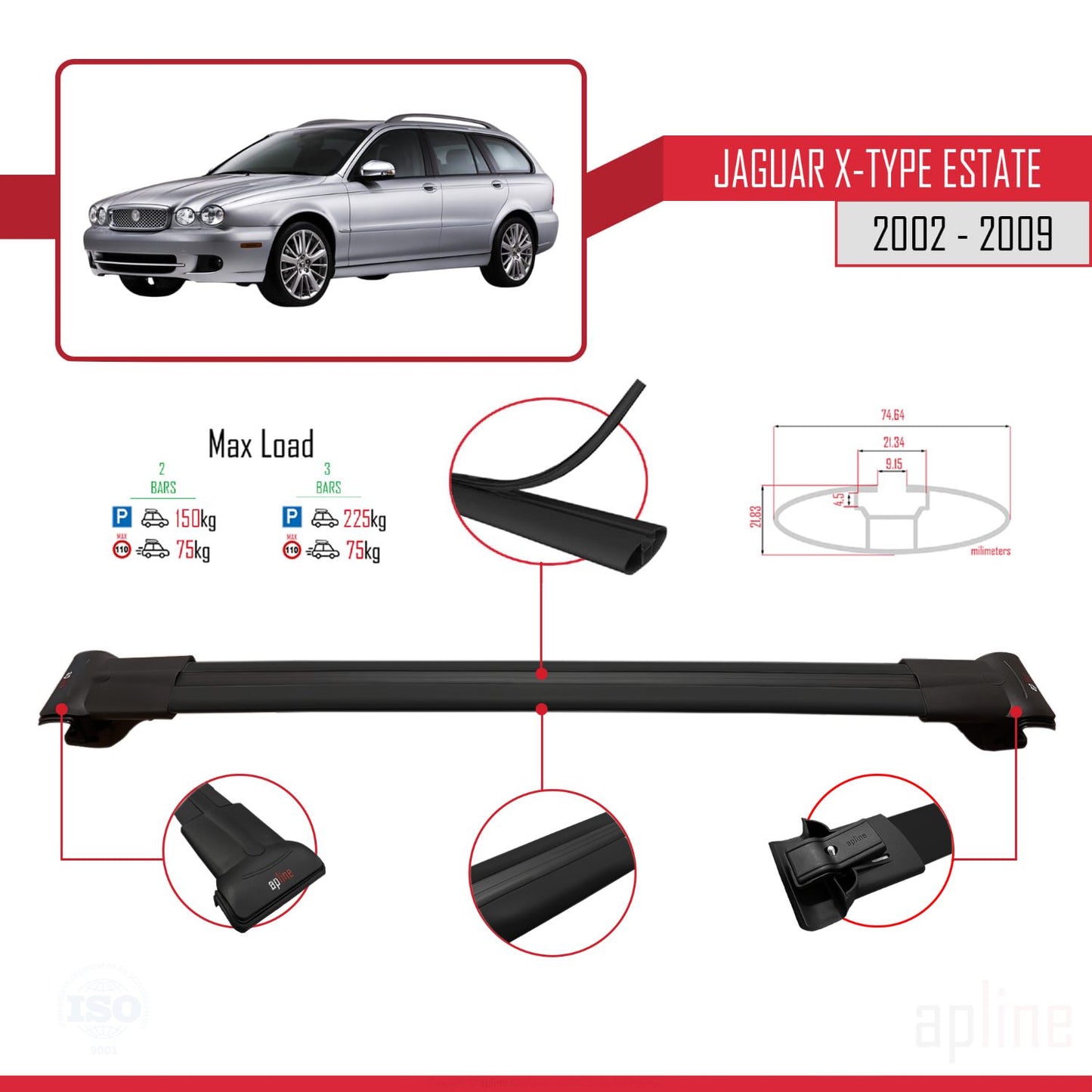 Compatible avec Jaguar X-Type Estate 2002-2009 FLY Model Barres de Toit Railing Porte-Bagages de Voiture Noir Aluminium 3 Barres