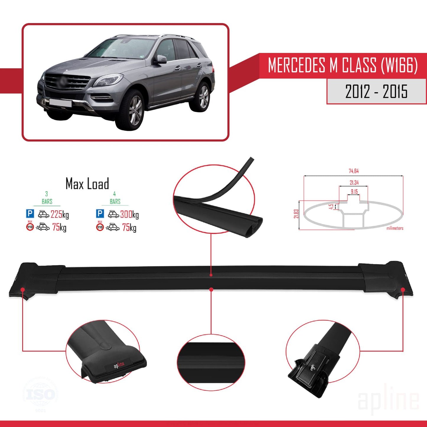 Kompatibel mit Mercedes M Class 3 (W166) Pre-Facelift 2012-2015 FLY Model Relingträger Dachträger Auto Gepäckträger Schwarz Aluminium 3 Stangen