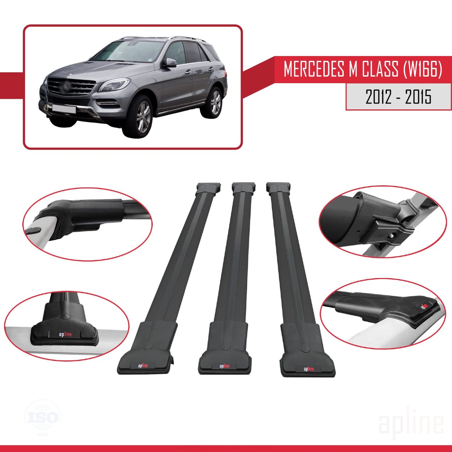 Kompatibel mit Mercedes M Class 3 (W166) Pre-Facelift 2012-2015 FLY Model Relingträger Dachträger Auto Gepäckträger Schwarz Aluminium 3 Stangen