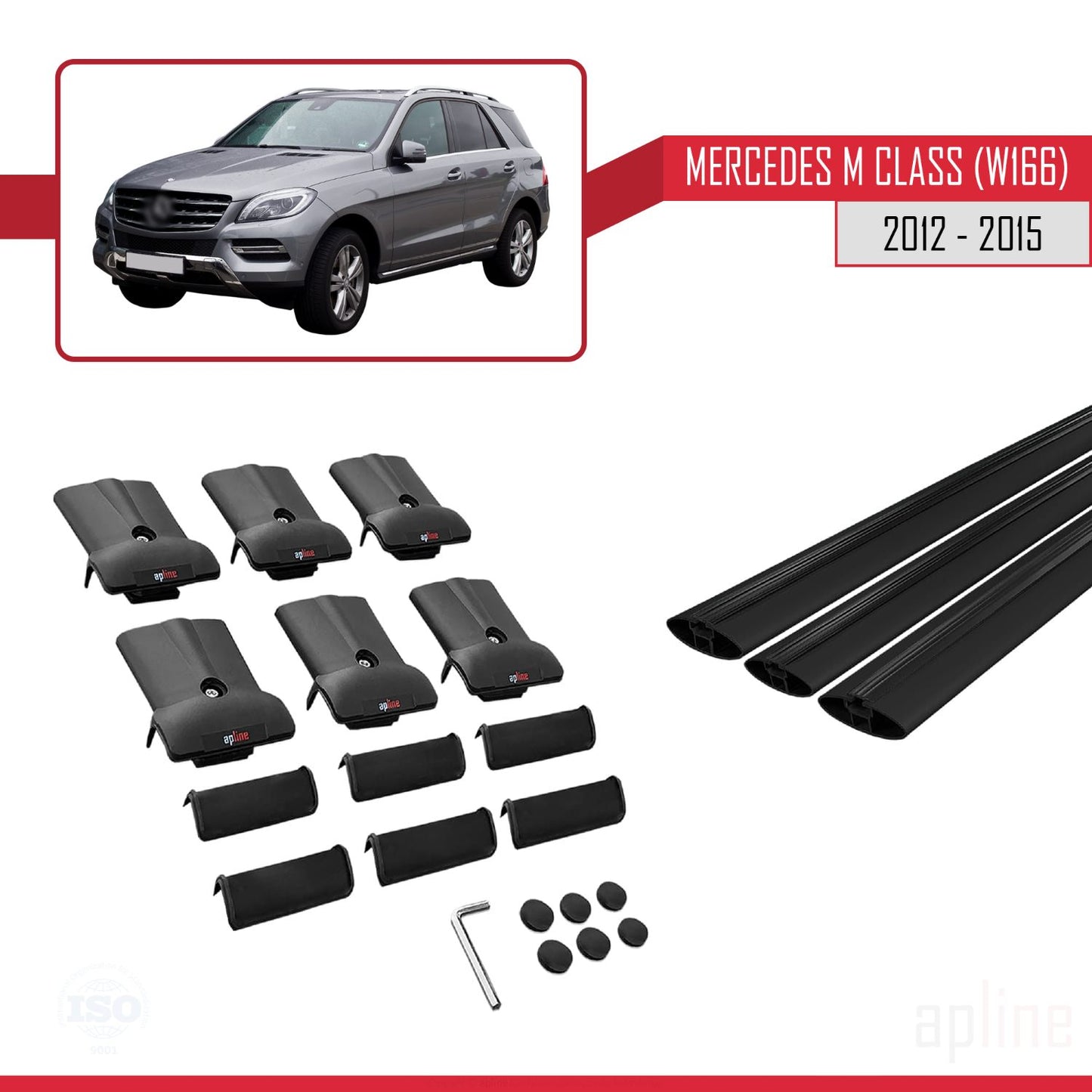 Kompatibel mit Mercedes M Class 3 (W166) Pre-Facelift 2012-2015 FLY Model Relingträger Dachträger Auto Gepäckträger Schwarz Aluminium 3 Stangen