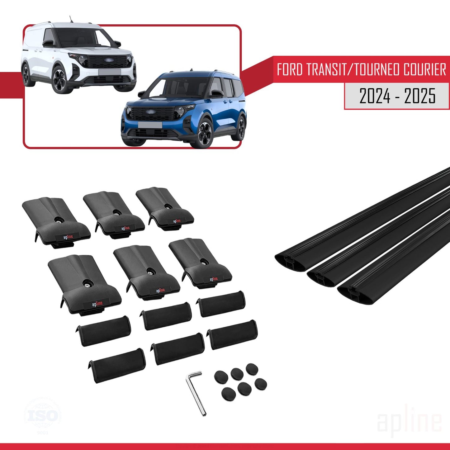 Kompatibel mit Ford Transit/Tourneo Courier 2024-2025 FLY Modell Dachgepäckträger, schwarzes Aluminium, 3 Stangen