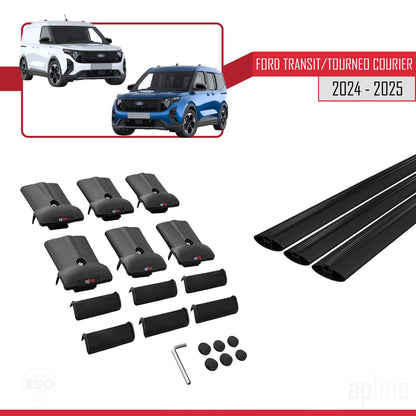 Kompatibel mit Ford Transit/Tourneo Courier 2024-2025 FLY Modell Dachgepäckträger, schwarzes Aluminium, 3 Stangen