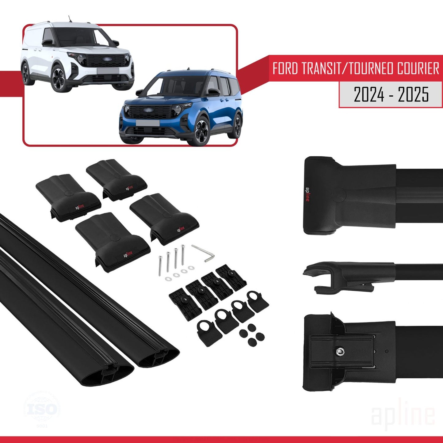 Kompatibel mit Ford Transit/Tourneo Courier 2024-2025 FLY Modell Dachgepäckträger, schwarzes Aluminium, 4 Stangen