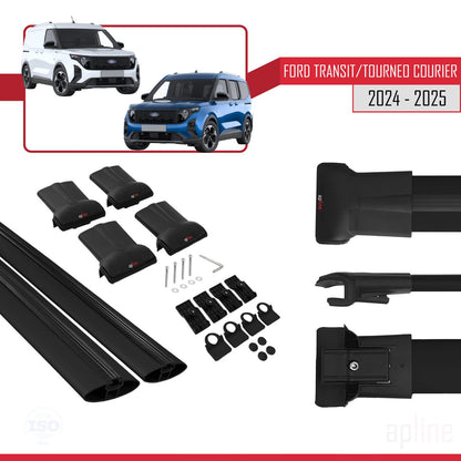 Kompatibel mit Ford Transit/Tourneo Courier 2024-2025 FLY Modell Dachgepäckträger, schwarzes Aluminium, 4 Stangen