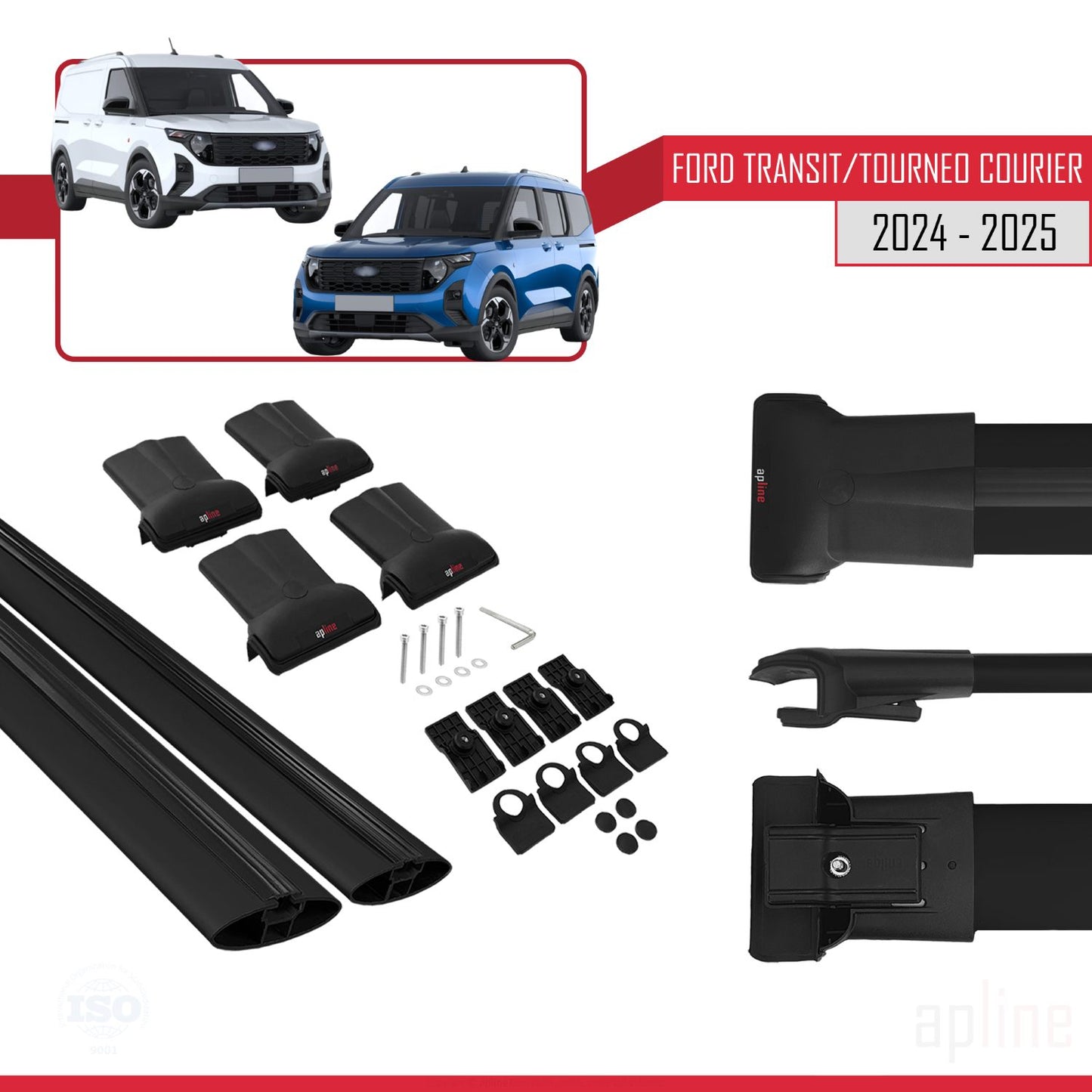 Kompatibel mit Ford Transit/Tourneo Courier 2024-2025 FLY Modell Dachgepäckträger, schwarzes Aluminium, 2 Stangen