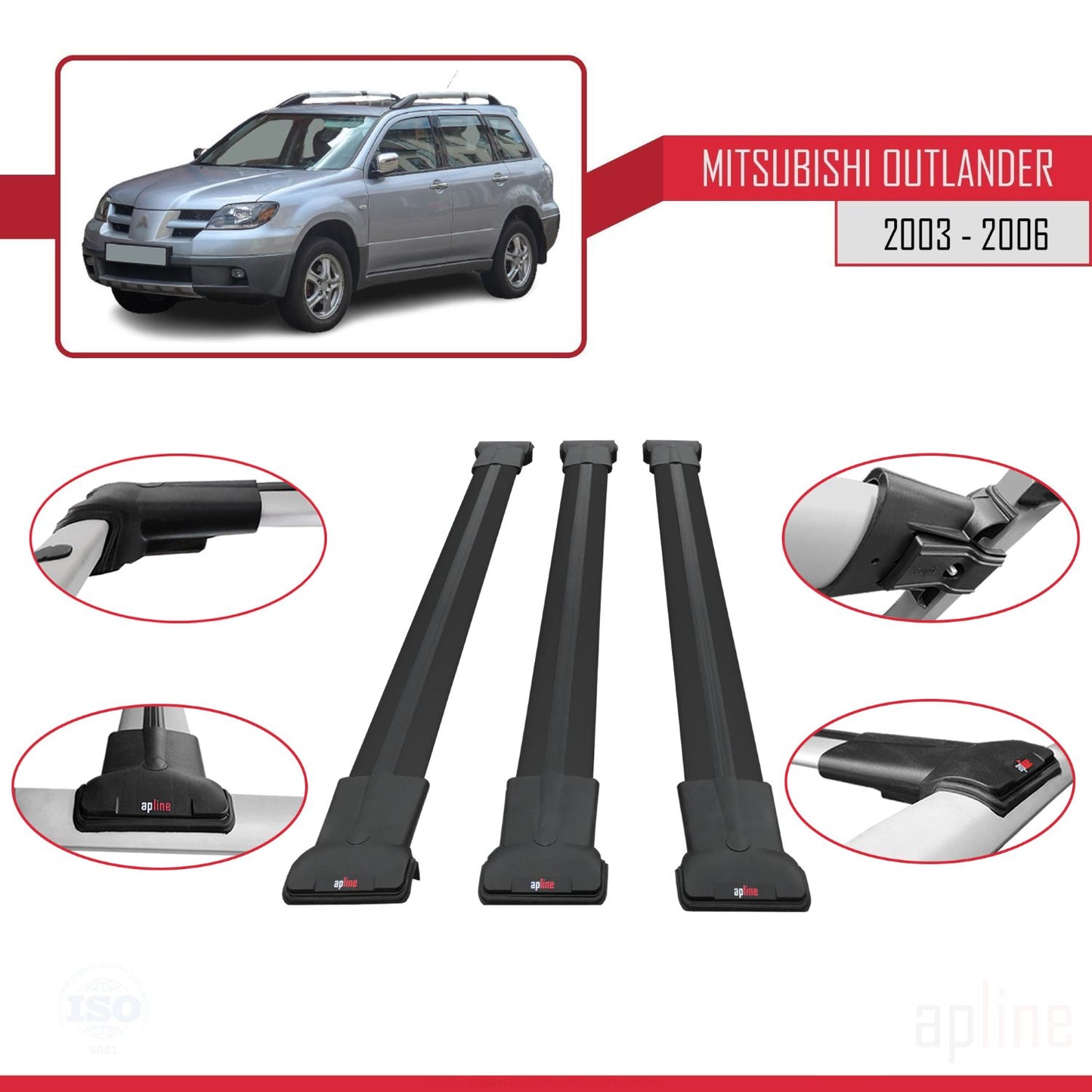 Compatible with Mitsubishi Outlander 2003-2006 FLY Model Car Roof Rack Cross Bar Black Aluminium 3 Bars