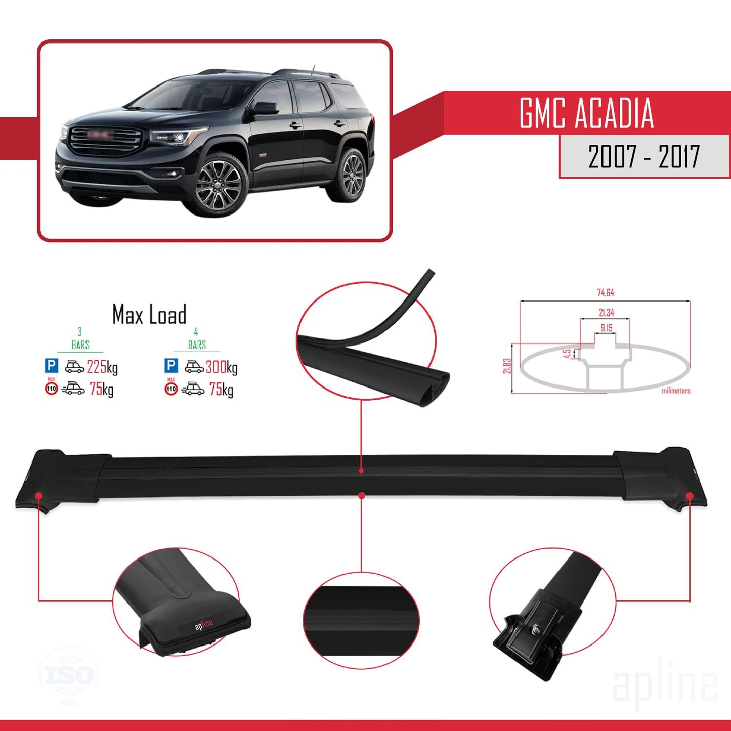Kompatibel mit GMC Acadia 2007-2017 FLY Modell Dachreling Gepäckträger Schwarzes Aluminium 3-Stangen