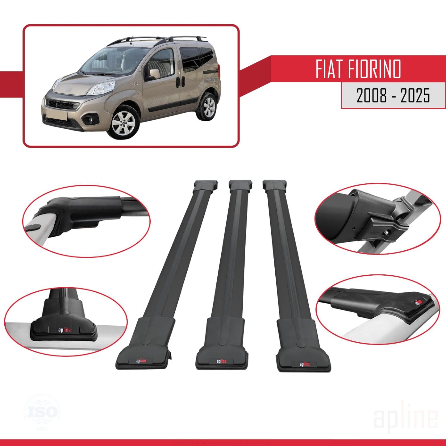 Kompatibel mit Fiat Fiorino (Rohrrahmenmodell) 2008-2025 FLY Modell Dachgepäckträger Gepäckträger Schwarz Aluminium 3 Stangen