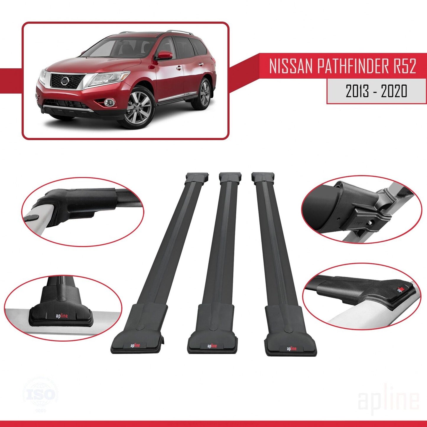 Kompatibel mit Nissan Pathfinder 4 (R52) 2013-2020 FLY Model Relingträger Dachträger Auto Gepäckträger Schwarz Aluminium 3 Stangen