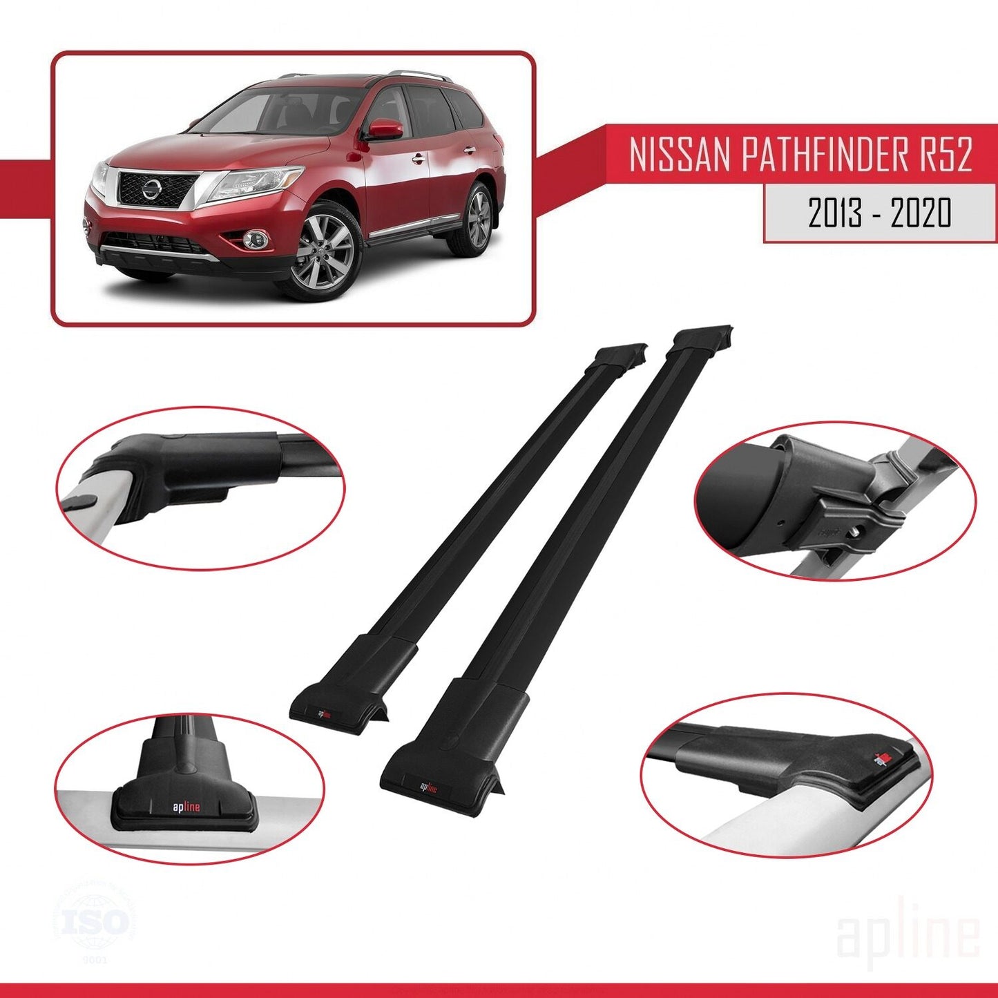 Kompatibel mit Nissan Pathfinder 4 (R52) 2013-2020 FLY Model Relingträger Dachträger Auto Gepäckträger Schwarz Aluminium 2 Stangen
