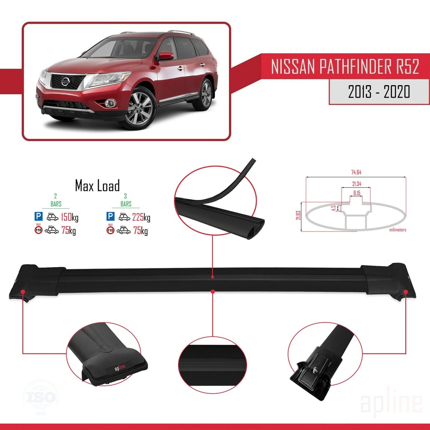 Kompatibel mit Nissan Pathfinder 4 (R52) 2013-2020 FLY Model Relingträger Dachträger Auto Gepäckträger Schwarz Aluminium 2 Stangen