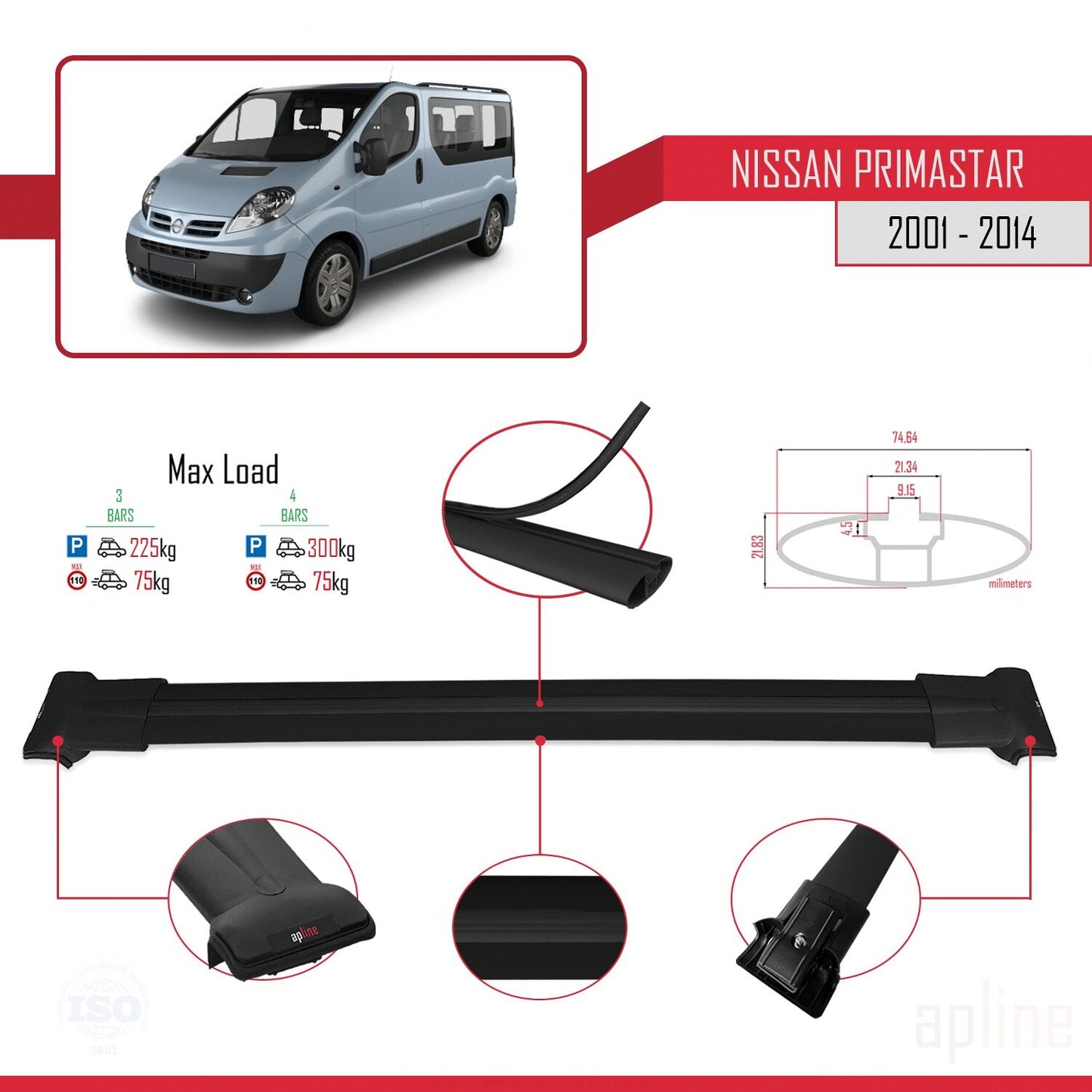 Compatible with Nissan Primastar 2001-2014 FLY Model Car Roof Rack Cross Bar Black Aluminium 3 Bars