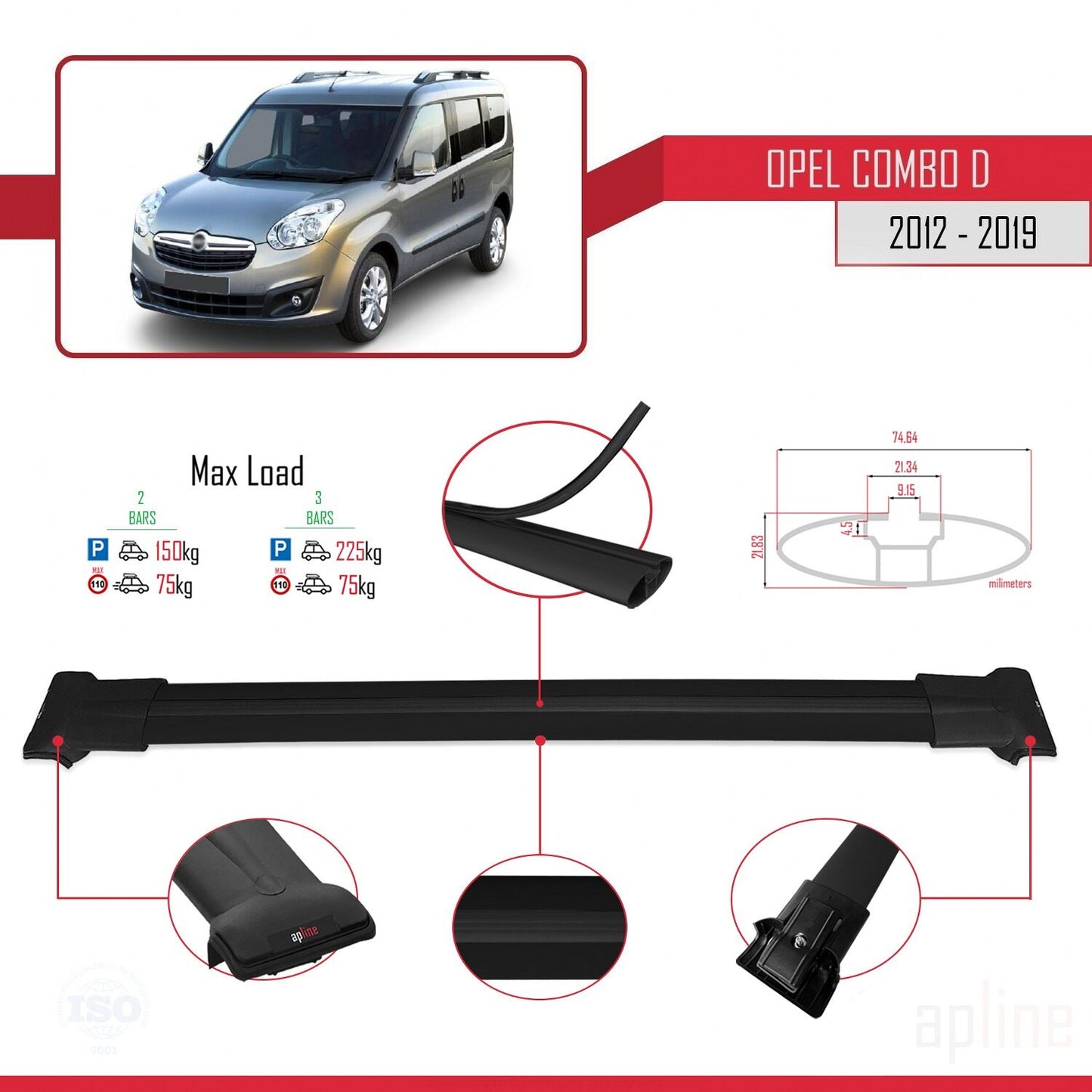 Compatible avec Opel Combo D 2012-2018 FLY Model Barres de Toit Railing Porte-Bagages de Voiture Noir Aluminium 2 Barres