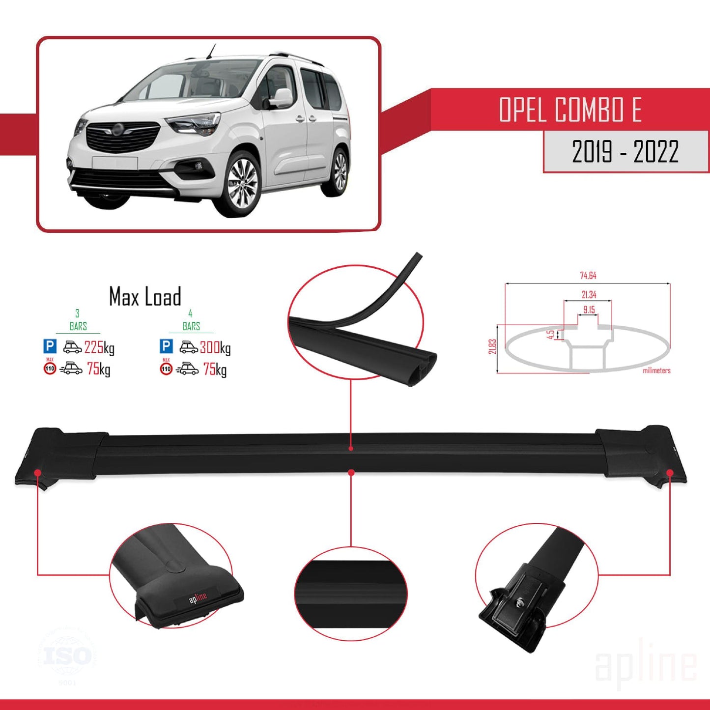 Compatible avec Opel Combo E 2019-2022 FLY Model Barres de Toit Railing Porte-Bagages de Voiture Noir Aluminium 3 Barres