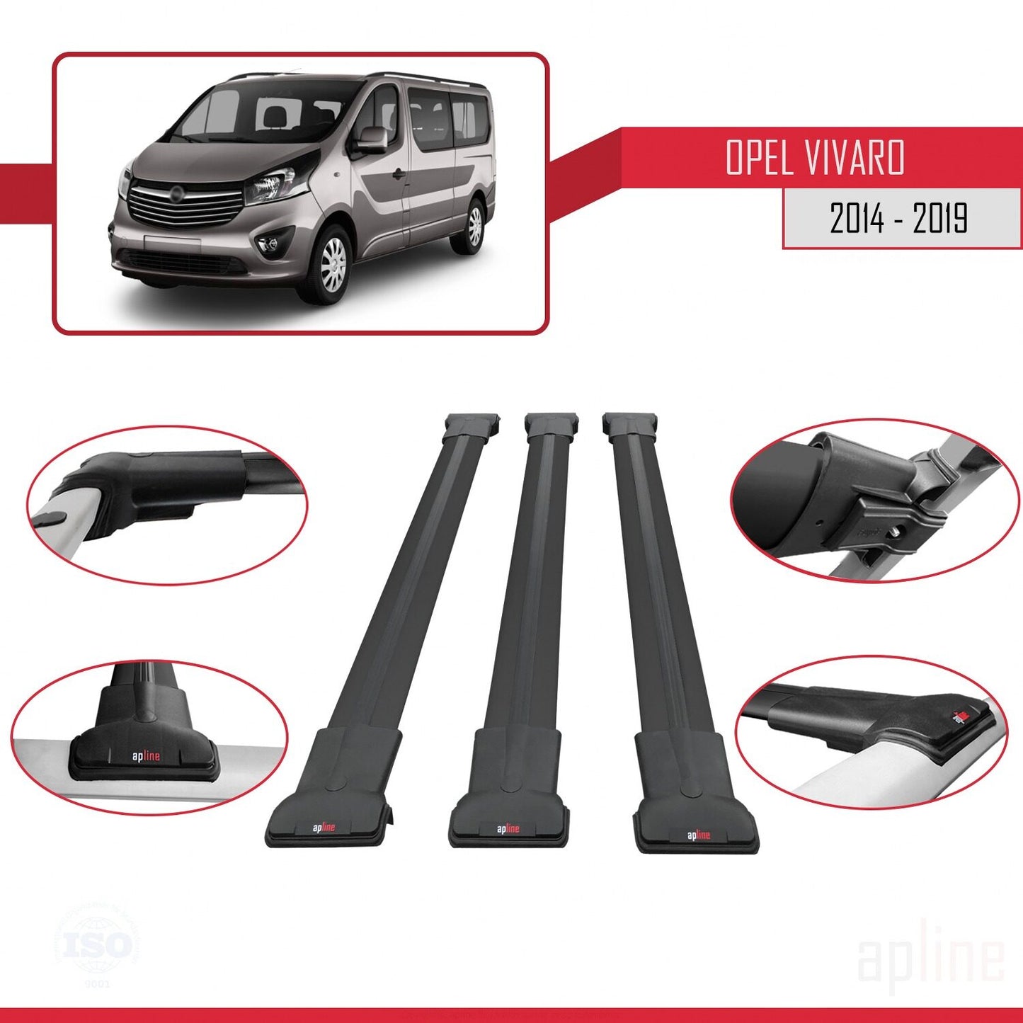 Compatible avec Opel Vivaro B 2014-2019 FLY Model Barres de Toit Railing Porte-Bagages de Voiture Noir Aluminium 3 Barres