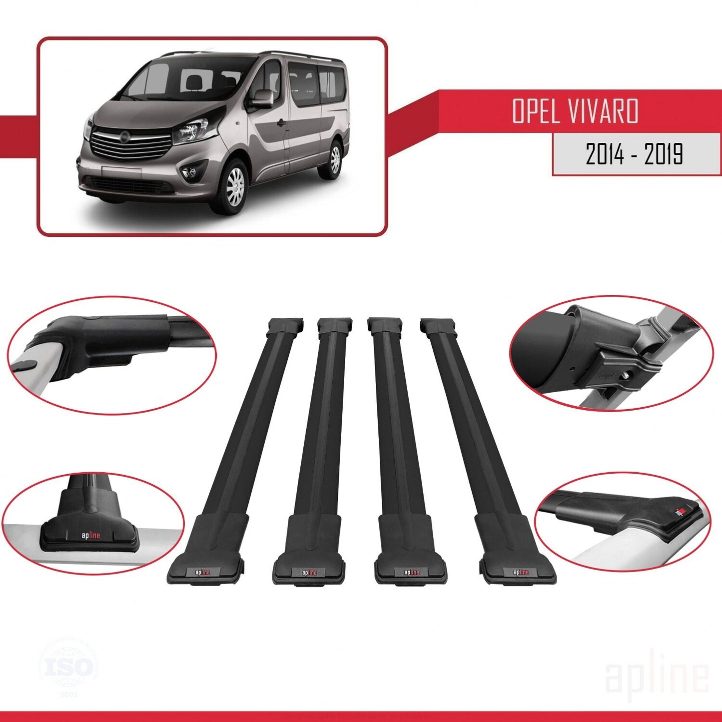 Compatible avec Opel Vivaro B 2014-2019 FLY Model Barres de Toit Railing Porte-Bagages de Voiture Noir Aluminium 4 Barres