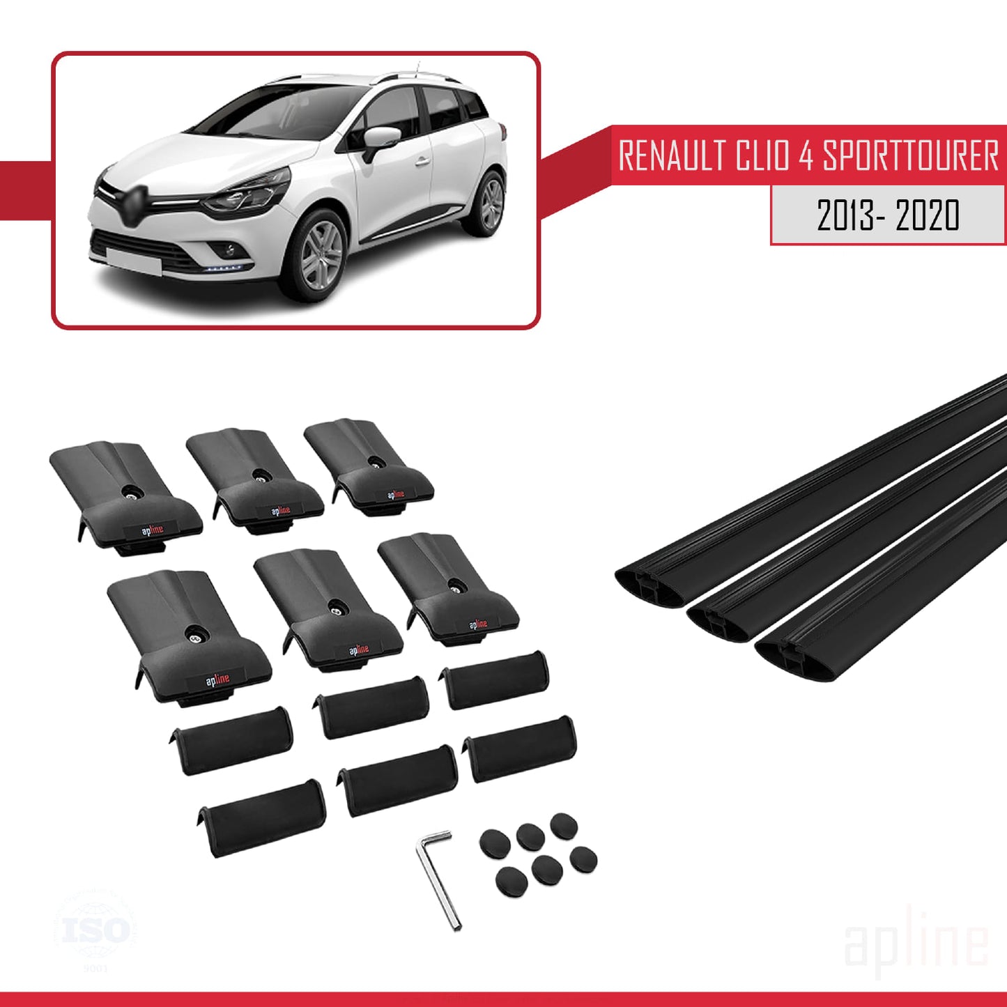 Compatible with Renault Clio 4 ST 2013-2020 FLY Model Car Roof Rack Cross Bar Black Aluminium 3 Bars