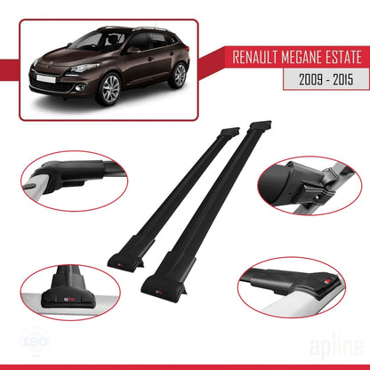 Compatible avec Renault Megane 3 ST 2009-2015 FLY Model Barres de Toit Railing Porte-Bagages de Voiture Noir Aluminium 2 Barres