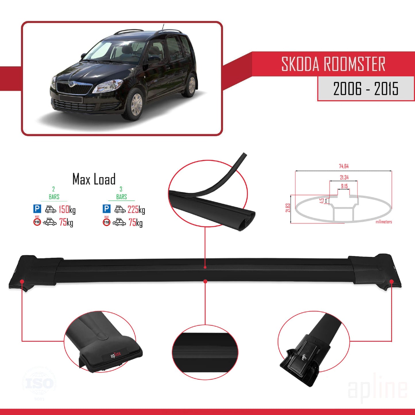 Compatible avec Skoda Roomster 2006-2015 FLY Model Barres de Toit Railing Porte-Bagages de Voiture Noir Aluminium 2 Barres