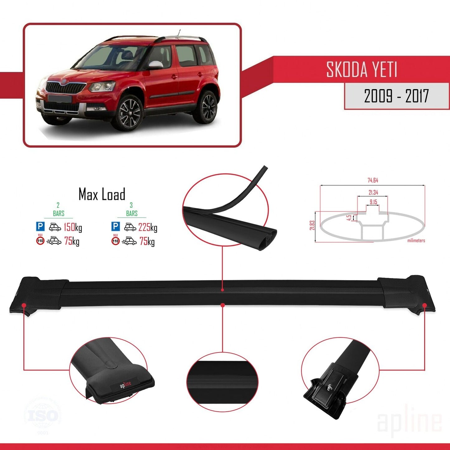 Compatible avec Skoda Yeti 2009-2017 FLY Model Barres de Toit Railing Porte-Bagages de Voiture Noir Aluminium 2 Barres