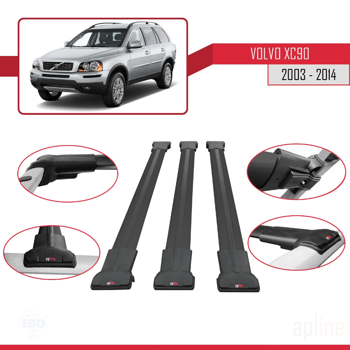 Compatible avec Volvo XC90 2003-2014 FLY Model Barres de Toit Railing Porte-Bagages de Voiture Noir Aluminium 3 Barres