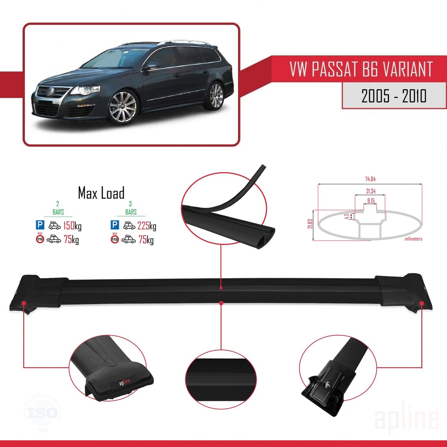 Compatible avec Volkswagen Passat B6 (3C) Variant 2005-2010 FLY Model Barres de Toit Railing Porte-Bagages de Voiture Noir Aluminium 2 Barres