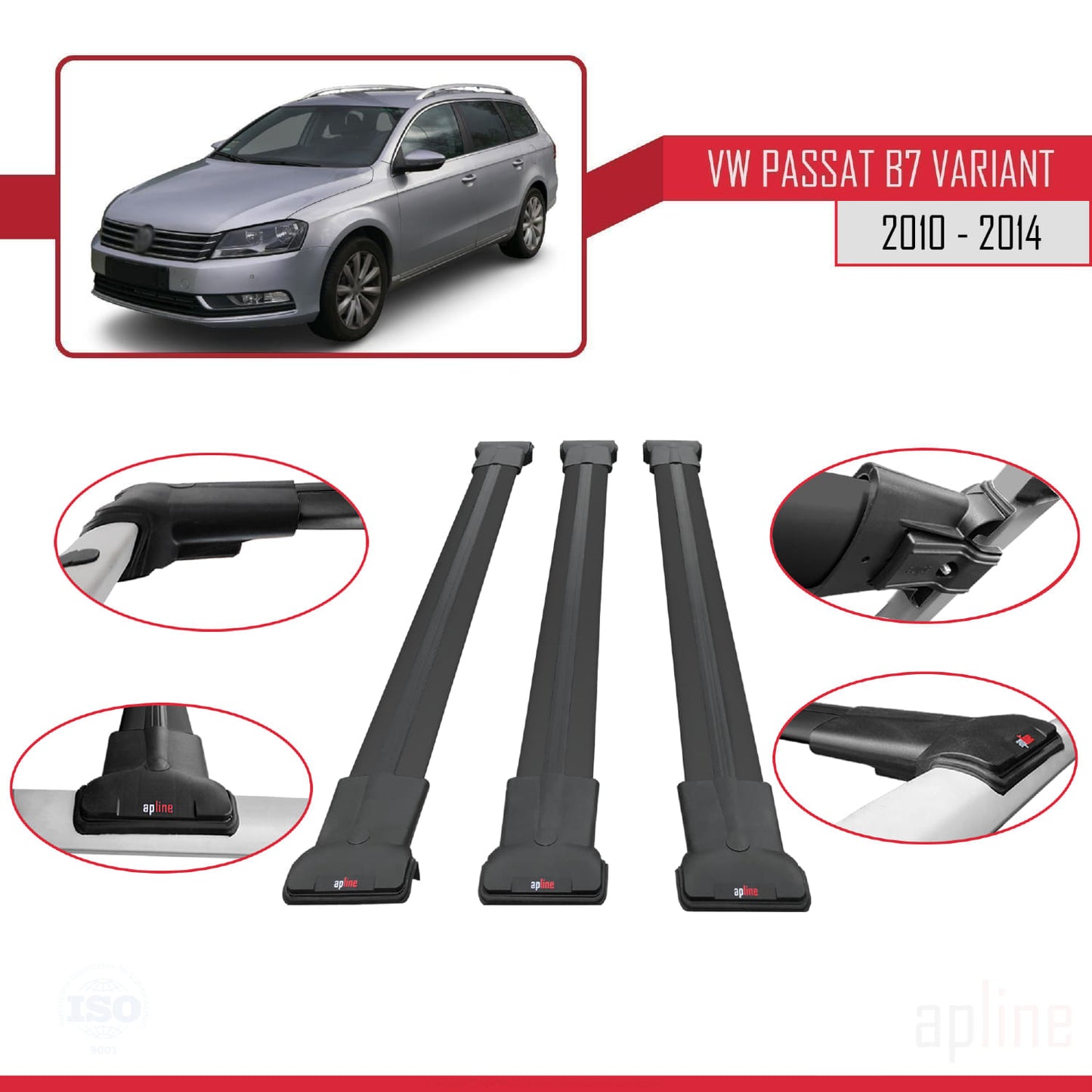 Compatible avec Volkswagen Passat B7 (3C) Variant 2010-2014 FLY Model Barres de Toit Railing Porte-Bagages de Voiture Noir Aluminium 3 Barres