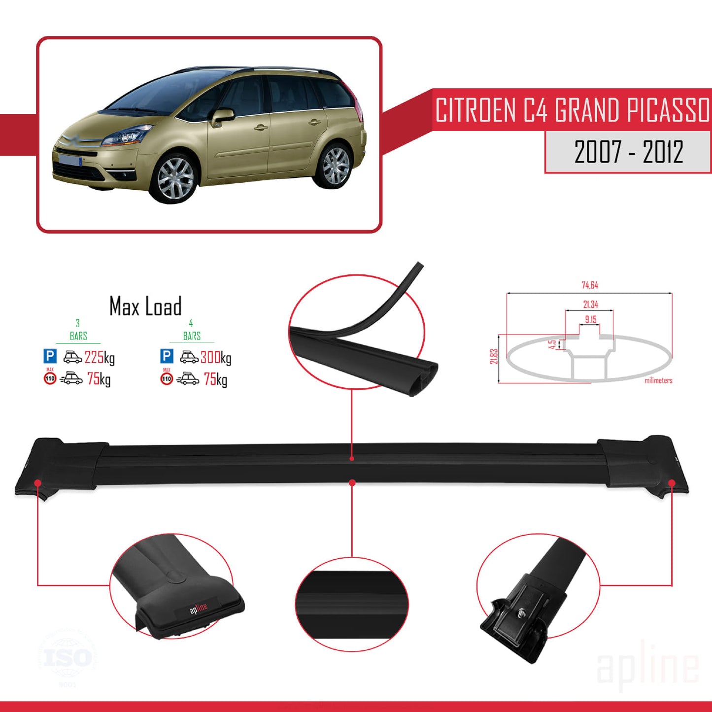Kompatibel mit Citroen Grand C4 Picasso 2007-2012 FLY Modell Dachgepäckträger, schwarzes Aluminium, 3 Stangen