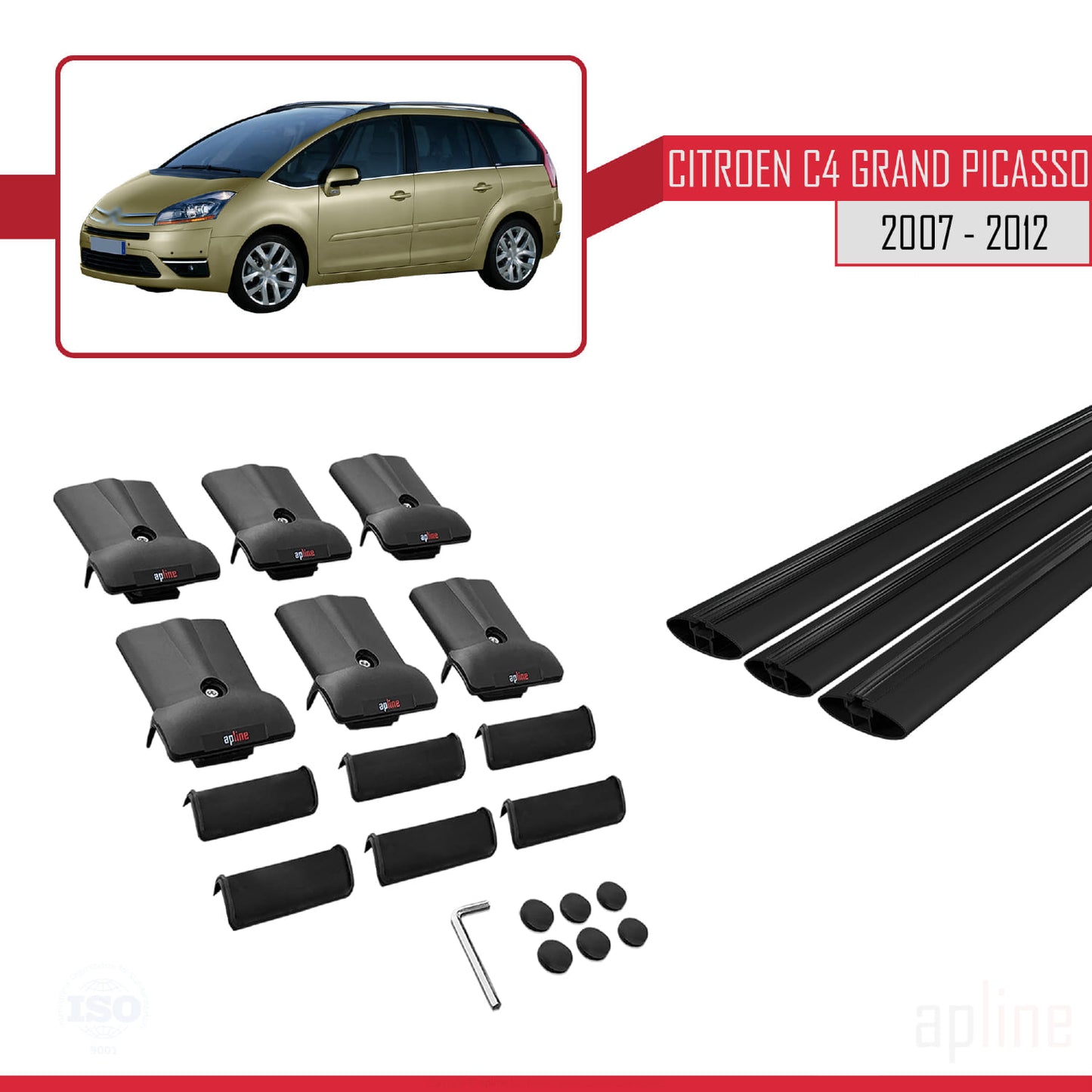 Kompatibel mit Citroen Grand C4 Picasso 2007-2012 FLY Modell Dachgepäckträger, schwarzes Aluminium, 3 Stangen