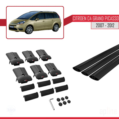 Kompatibel mit Citroen Grand C4 Picasso 2007-2012 FLY Modell Dachgepäckträger, schwarzes Aluminium, 3 Stangen