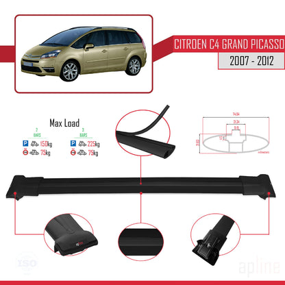 Kompatibel mit Citroen Grand C4 Picasso 2007-2012 FLY Modell Dachgepäckträger, schwarzes Aluminium, 2 Stangen
