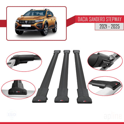 Compatible avec Dacia Sandero Stepway 3 2021-2025 FLY Model Barres de Toit Railing Porte-Bagages de Voiture Noir Aluminium 3 Barres
