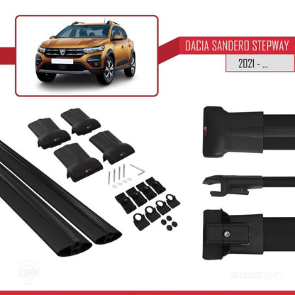 Kompatibel mit Dacia Sandero Stepway 3 2021-2025 FLY Modell Dachgepäckträger, Reling, Gepäckträger, schwarzes Aluminium, 2 Stangen