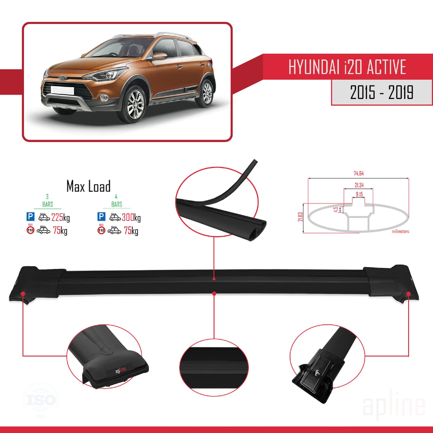 Kompatibel mit Hyundai i20 II Active 2015-2019 FLY Model Relingträger Dachträger Auto Gepäckträger Schwarz Aluminium 3 Stangen